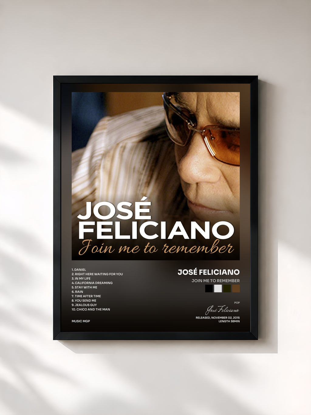 #noir Tableau de l'album Join Me to Remember de José Feliciano, cadre noir, imprimé et encadré en France