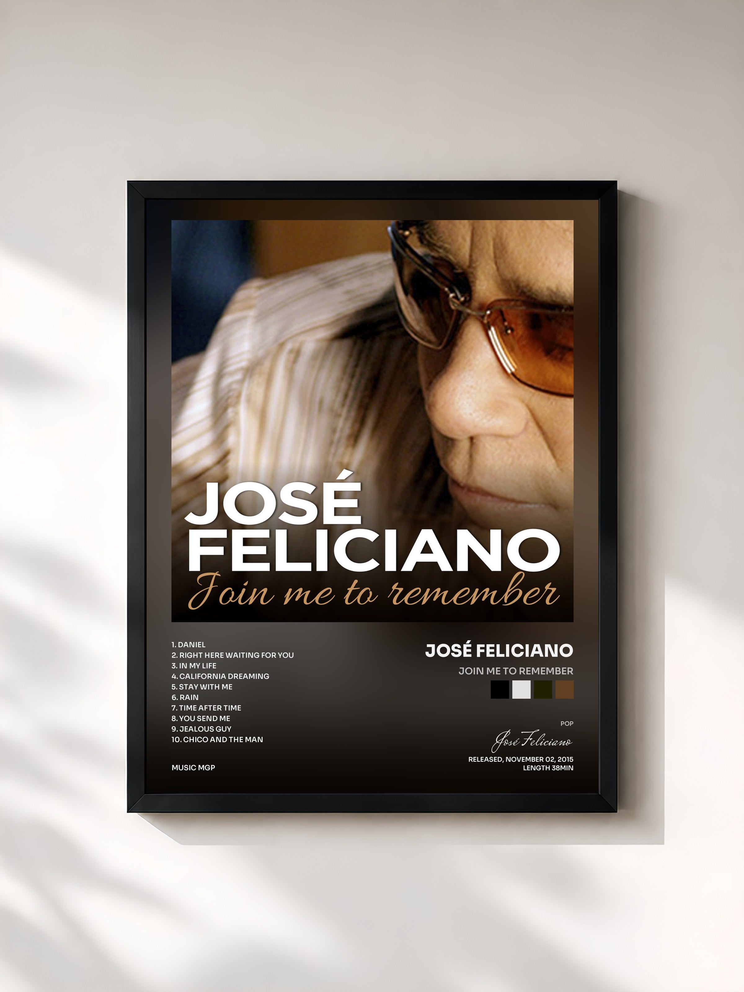 #noir Tableau de l'album Join Me to Remember de José Feliciano, cadre noir, imprimé et encadré en France
