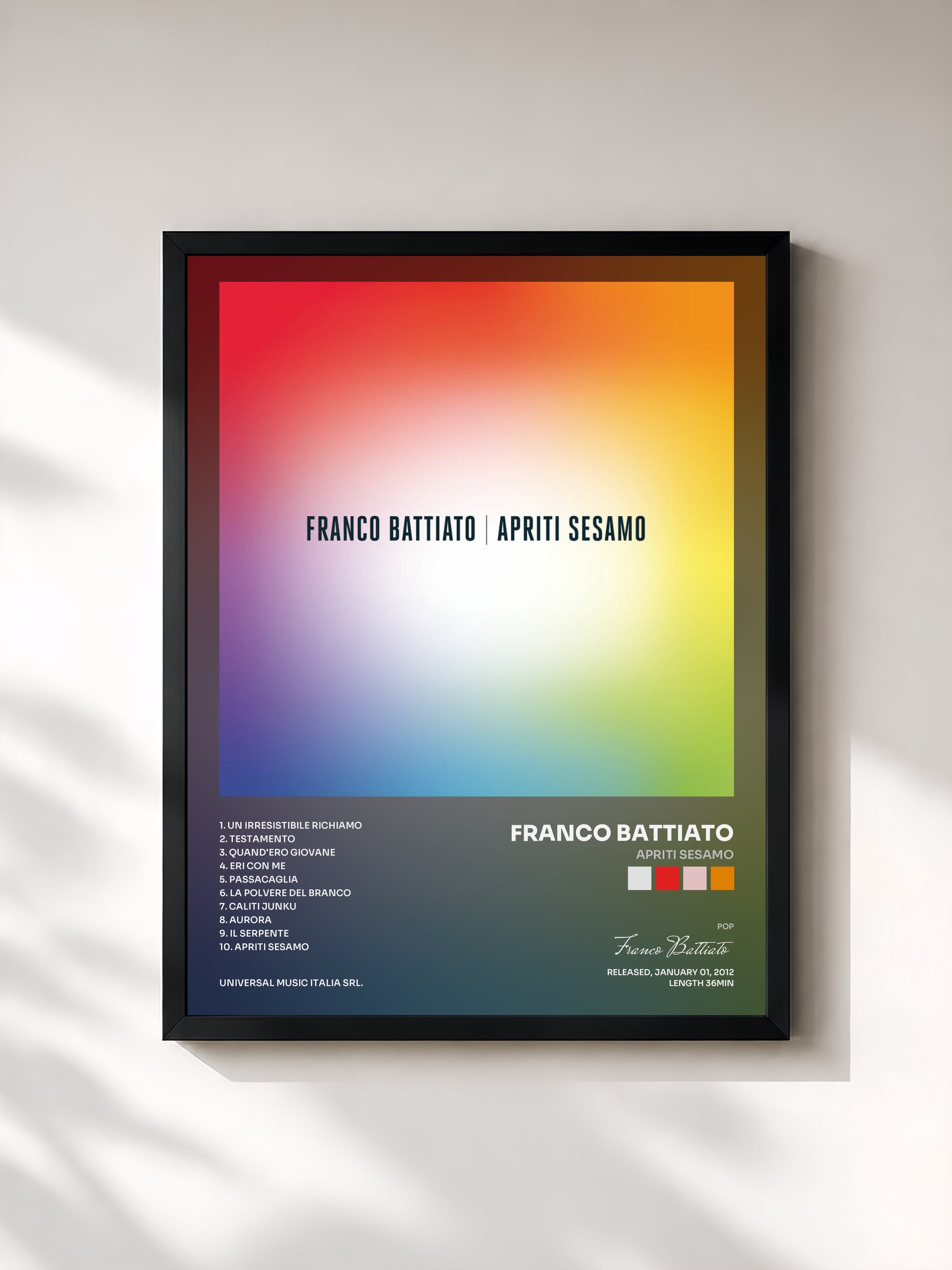 #noir Tableau de l'album Apriti Sesamo de Franco Battiato, cadre noir, imprimé et encadré en France