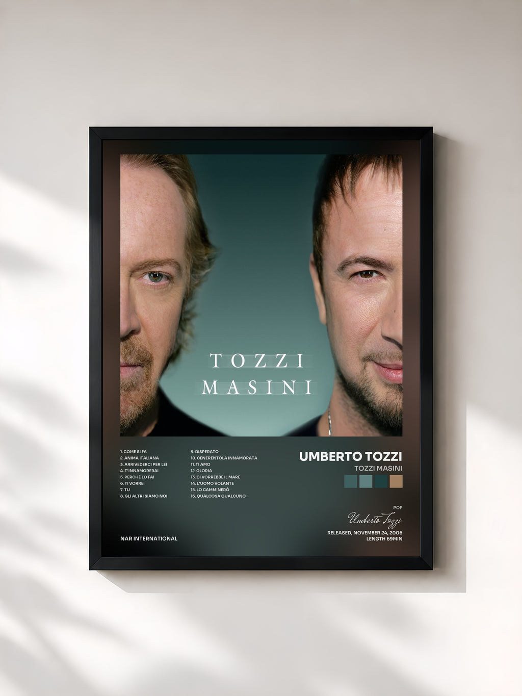 #noir Tableau de l'album Tozzi Masini de Umberto Tozzi, cadre noir, imprimé et encadré en France