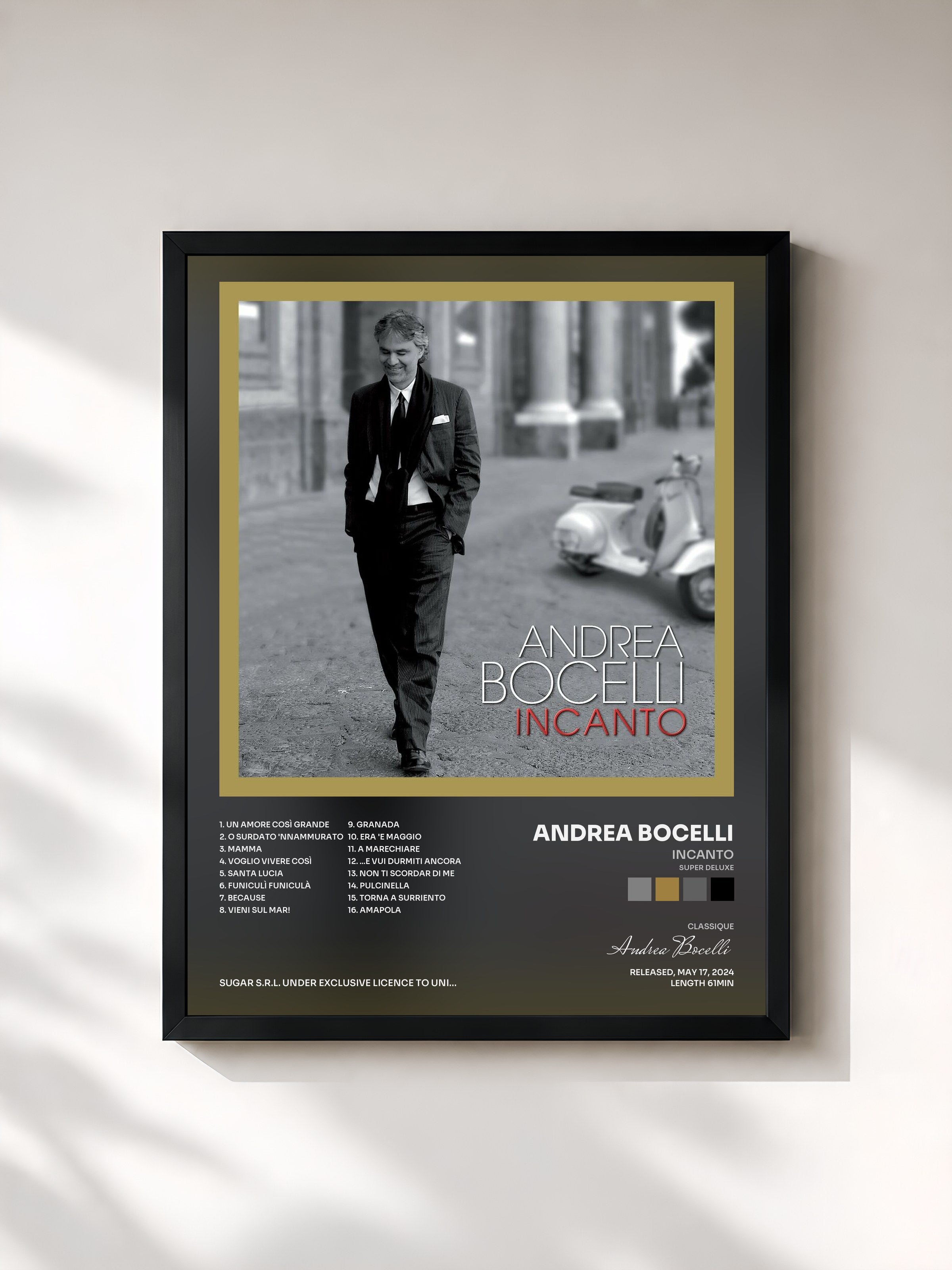#noir Tableau de l'album Incanto (Super Deluxe) de Andrea Bocelli, cadre noir, imprimé et encadré en France