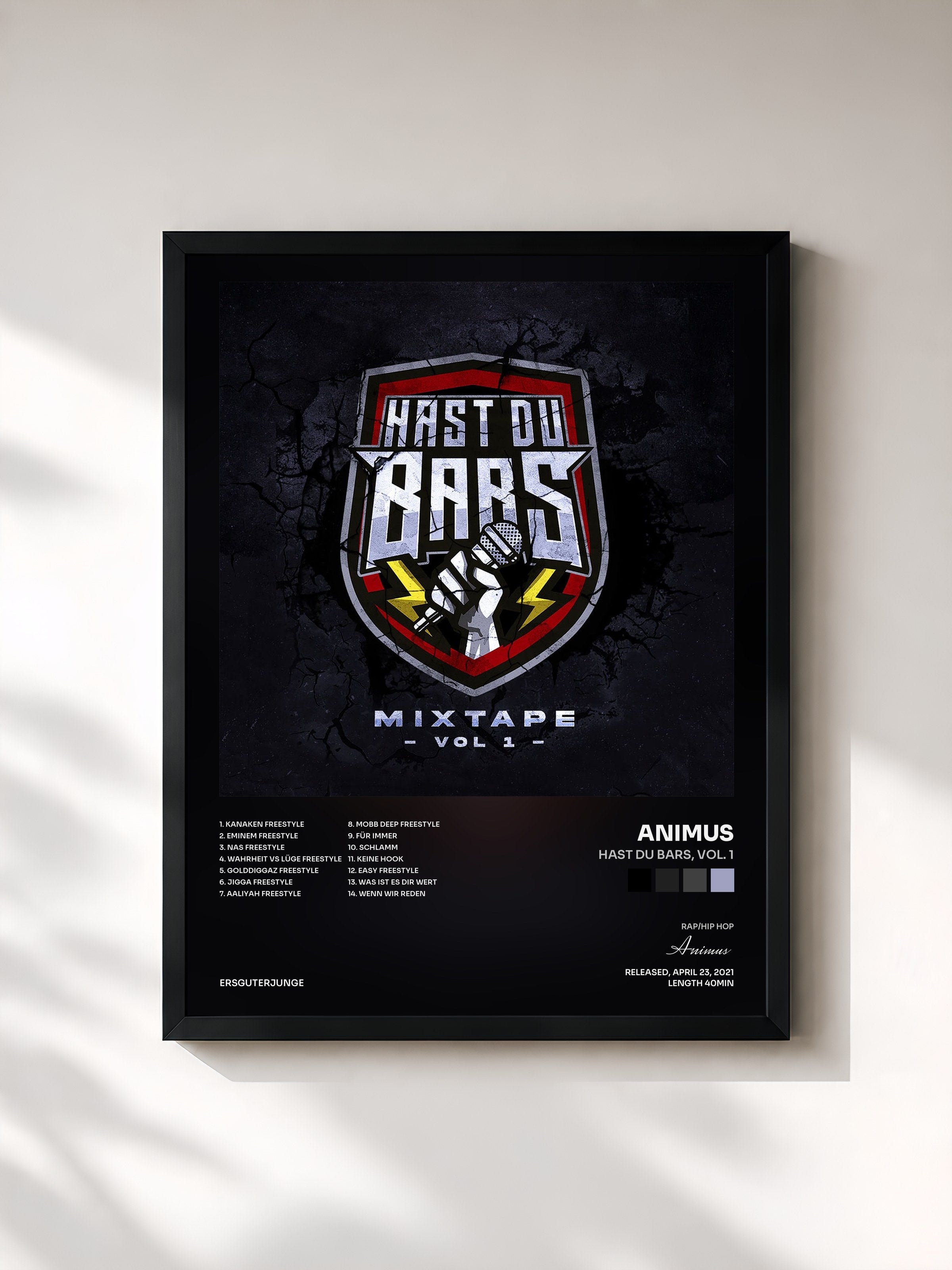 #noir Tableau de l'album Hast du Bars, Vol. 1 de Animus, cadre noir, imprimé et encadré en France