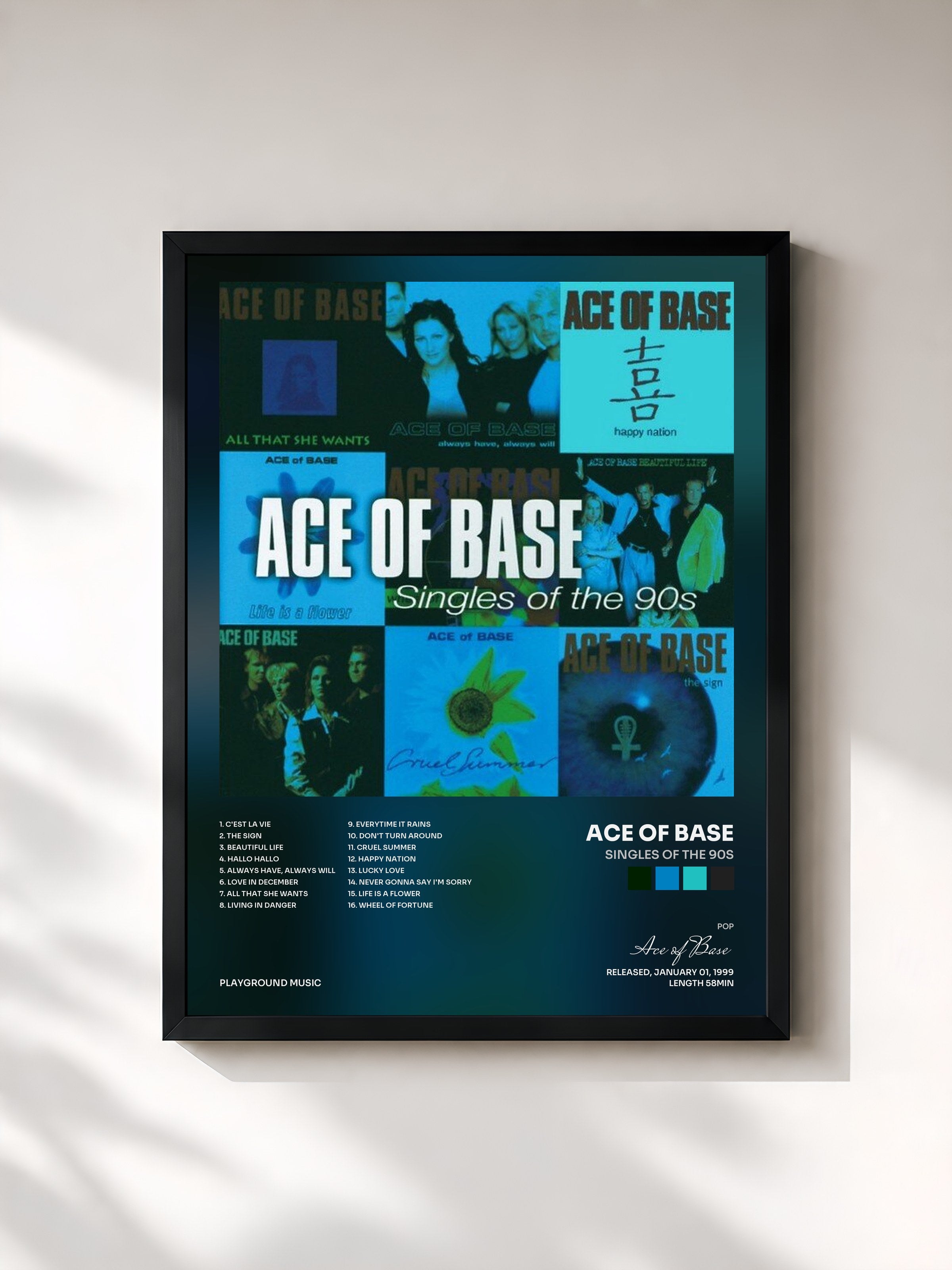 #noir Tableau de l'album Singles of the 90s de Ace of Base, cadre noir, imprimé et encadré en France