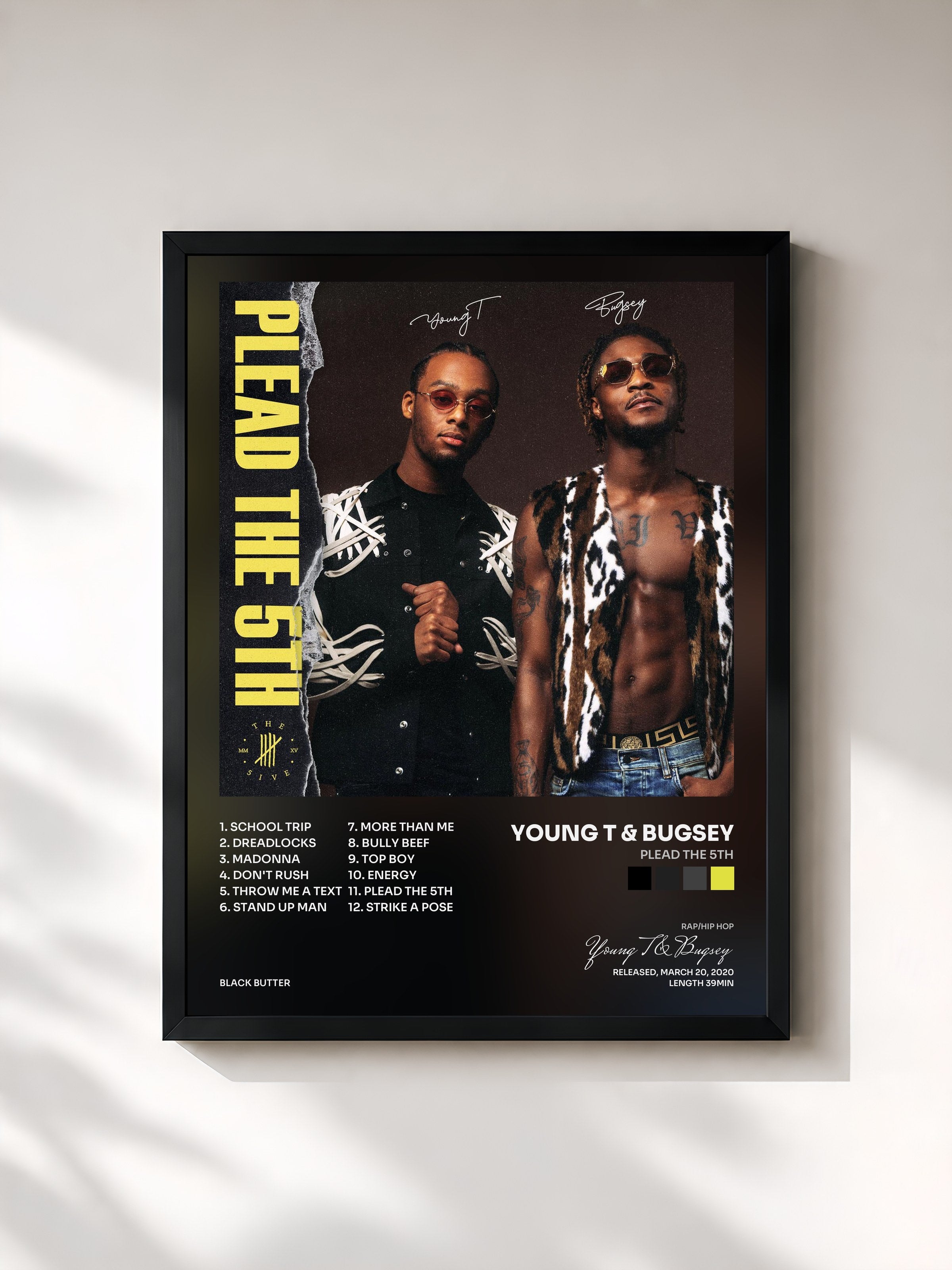 #noir Tableau de l'album Plead The 5th de Young T & Bugsey, cadre noir, imprimé et encadré en France