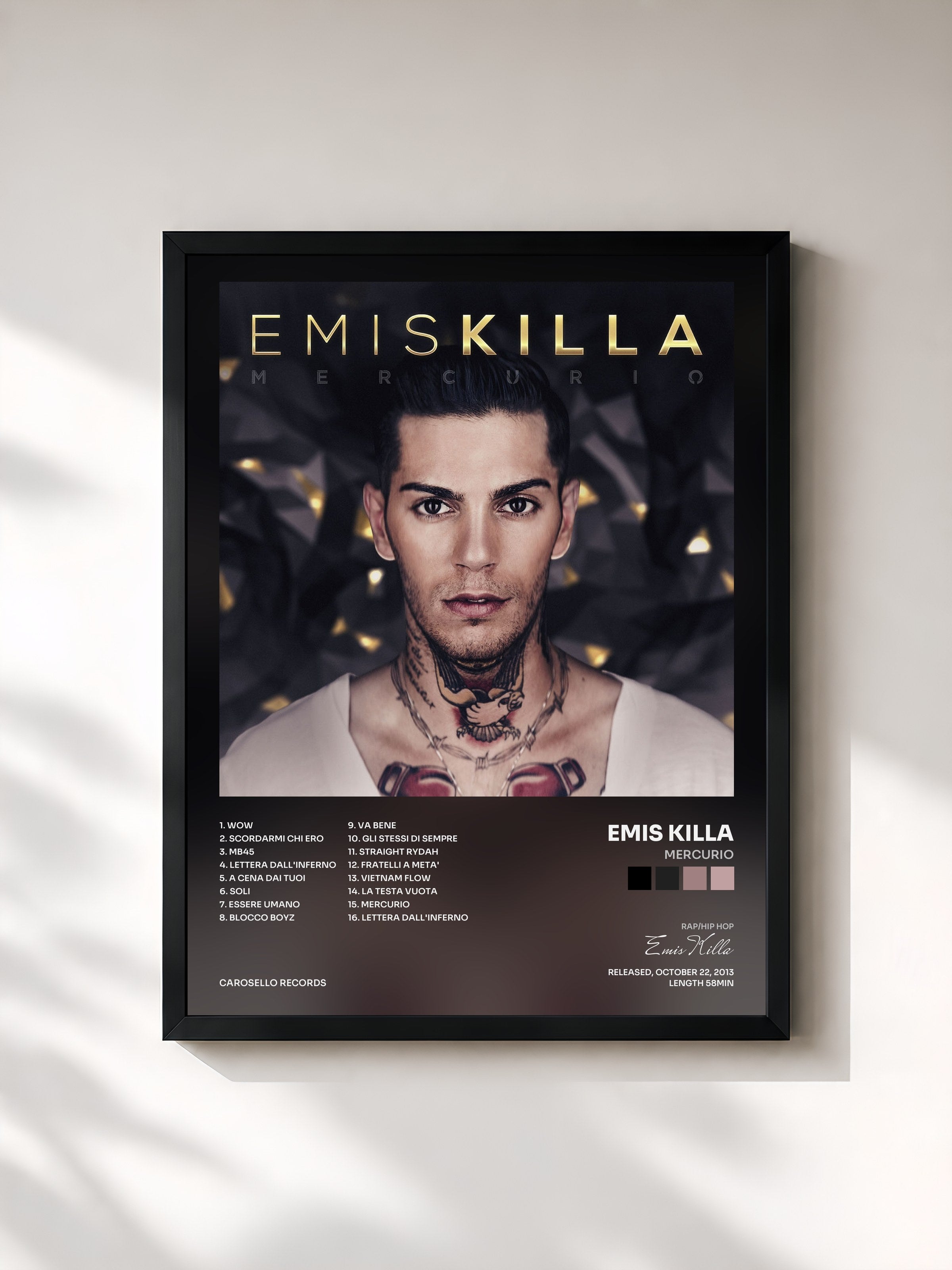 #noir Tableau de l'album Mercurio de Emis Killa, cadre noir, imprimé et encadré en France