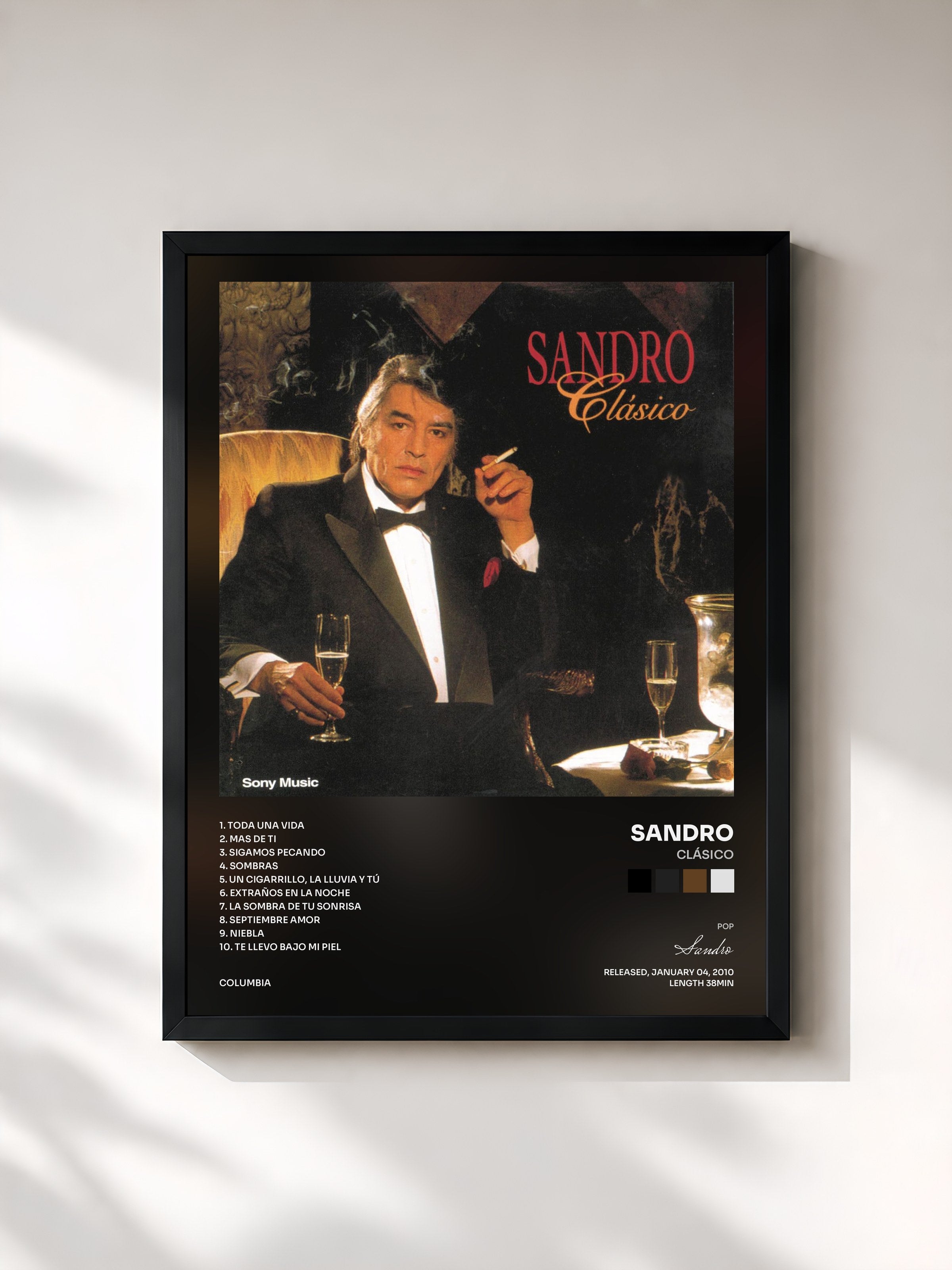 #noir Tableau de l'album Clásico de Sandro, cadre noir, imprimé et encadré en France