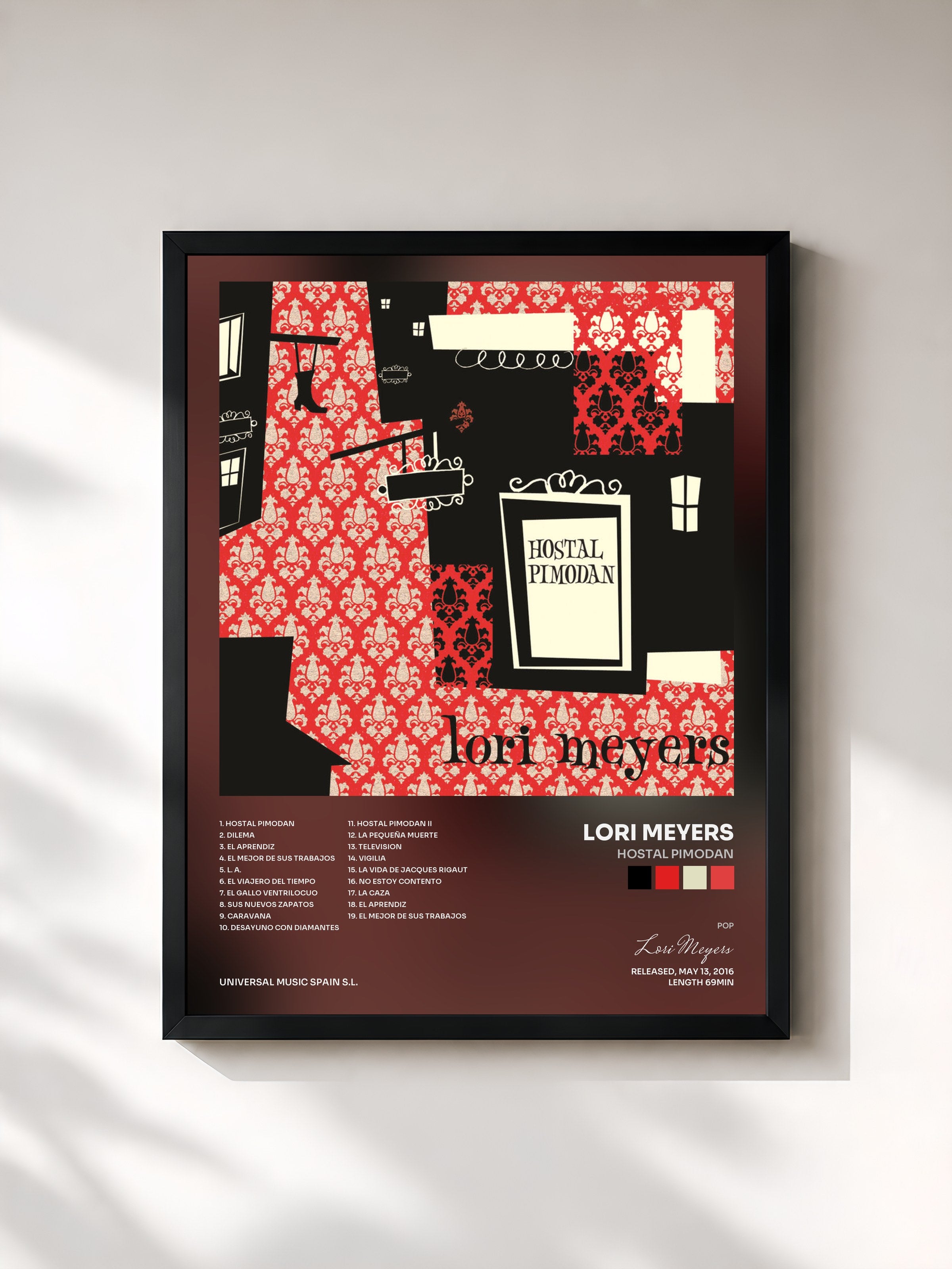 #noir Tableau de l'album Hostal Pimodan de Lori Meyers, cadre noir, imprimé et encadré en France