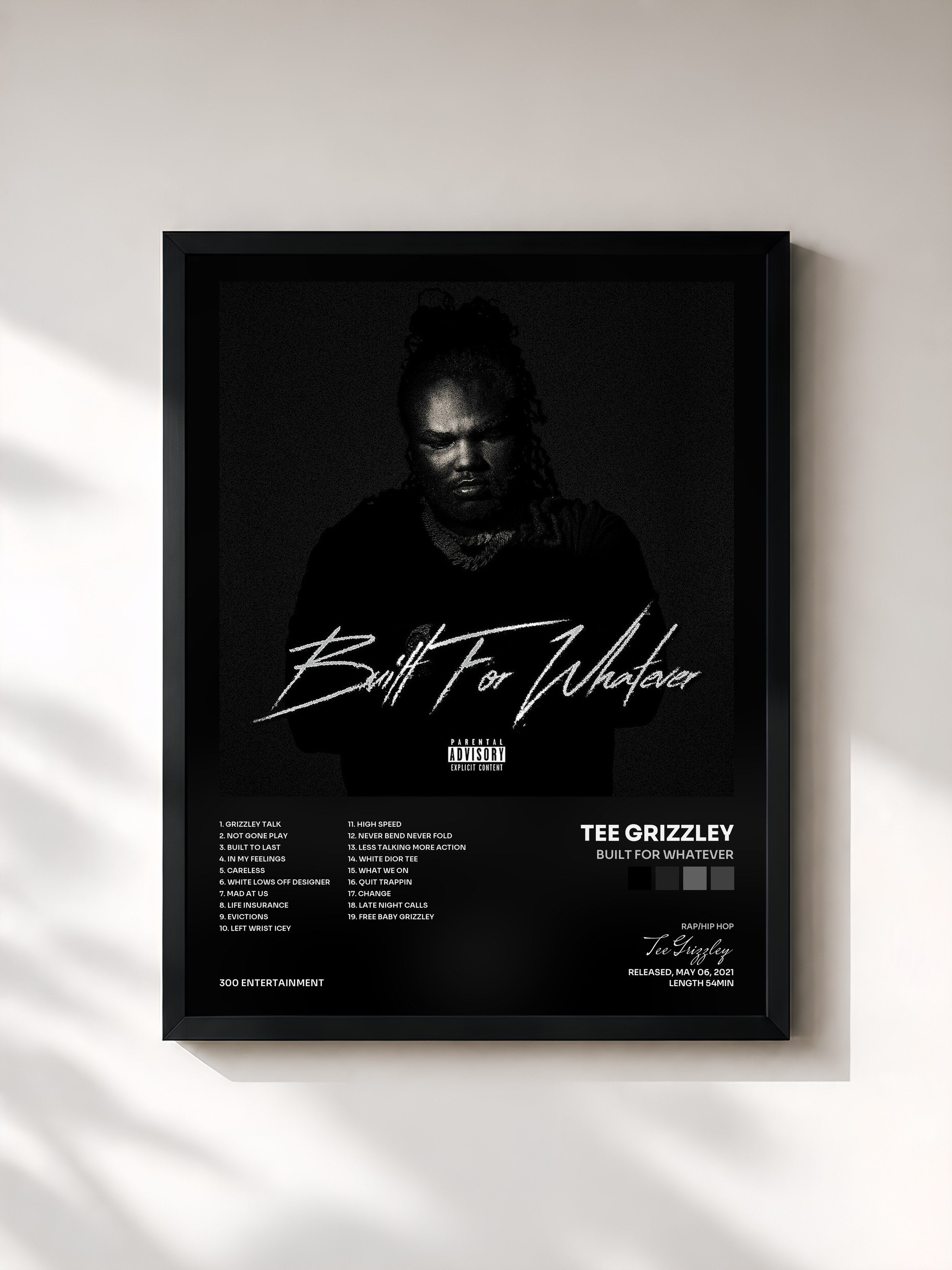 #noir Tableau de l'album Built For Whatever de Tee Grizzley, cadre noir, imprimé et encadré en France