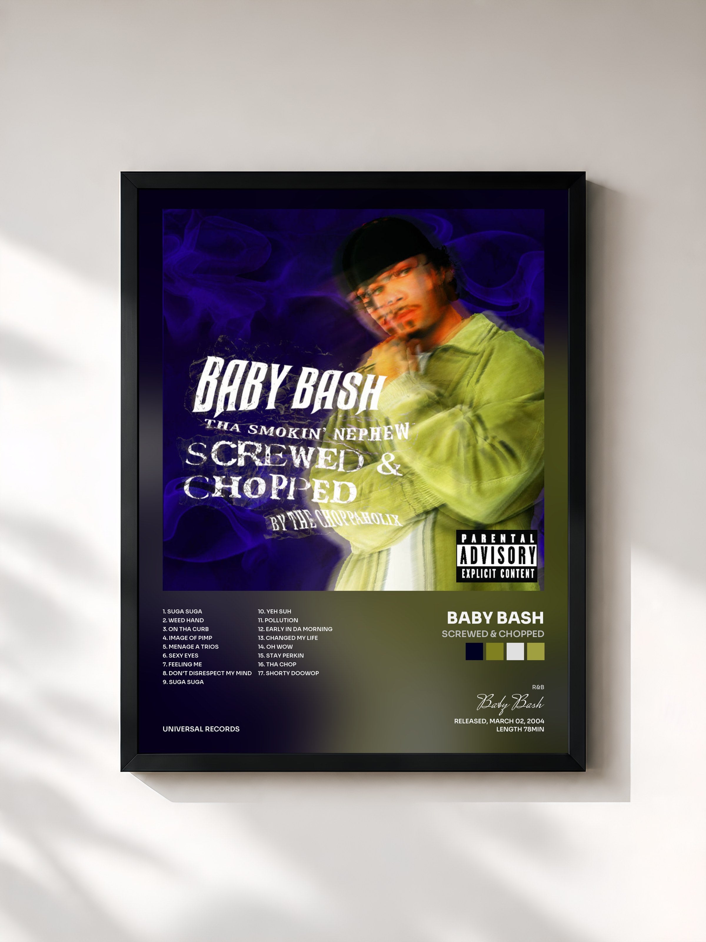 #noir Tableau de l'album Screwed & Chopped de Baby Bash, cadre noir, imprimé et encadré en France
