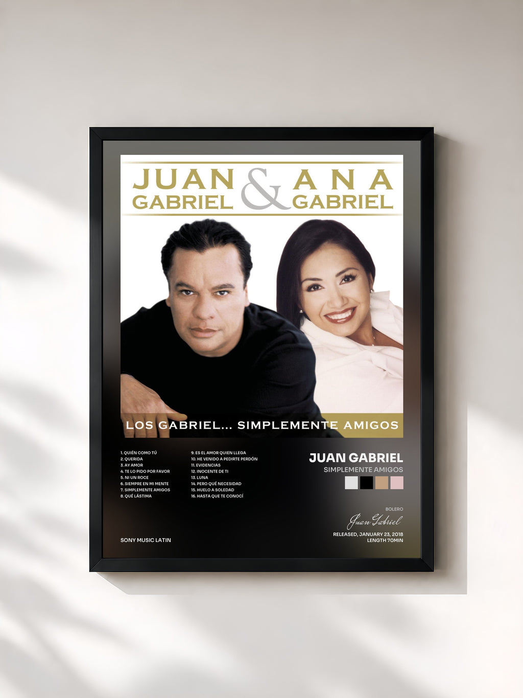 #noir Tableau de l'album SIMPLEMENTE AMIGOS de Juan Gabriel, cadre noir, imprimé et encadré en France
