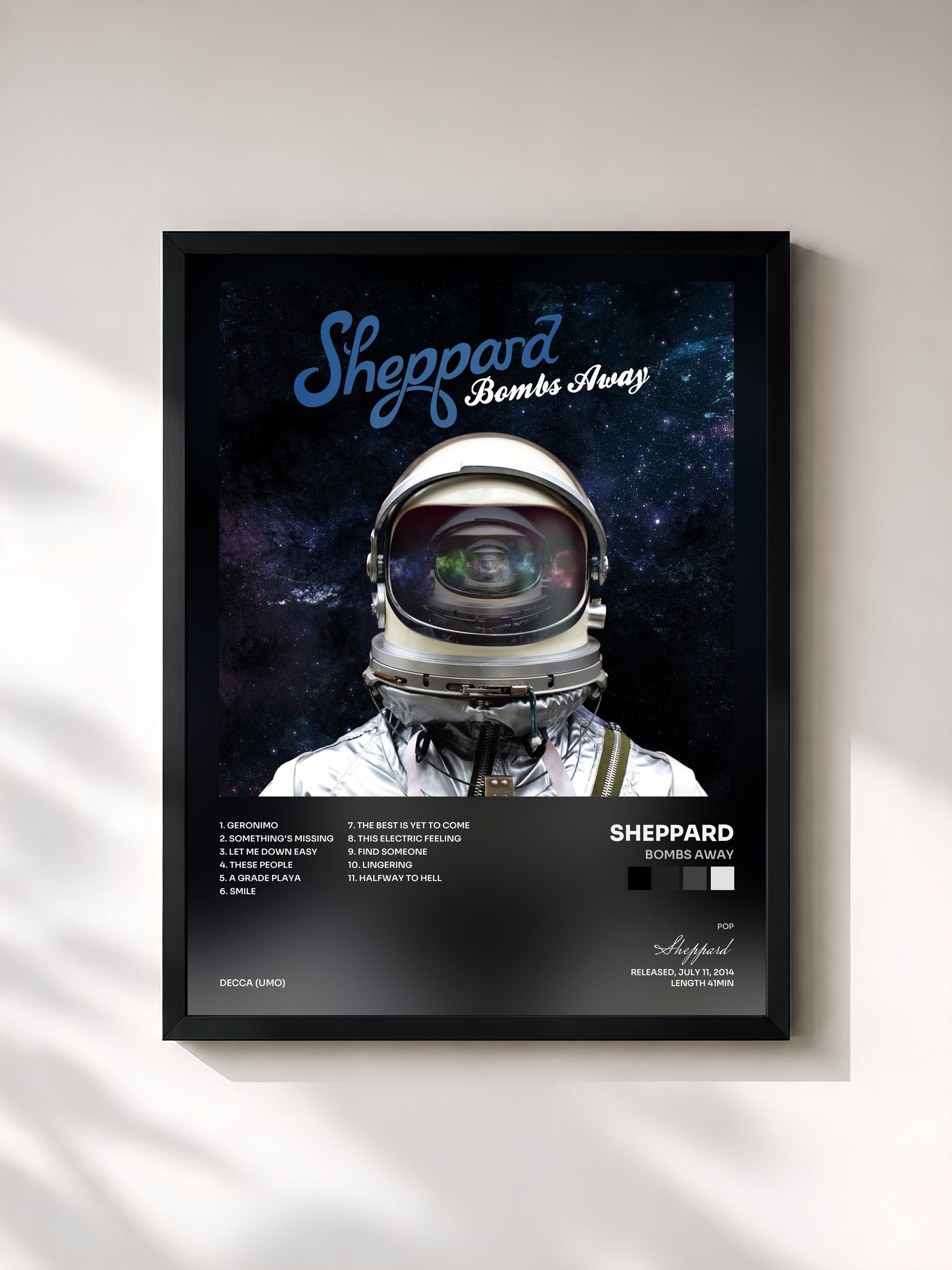 #noir Tableau de l'album Bombs Away de Sheppard, cadre noir, imprimé et encadré en France