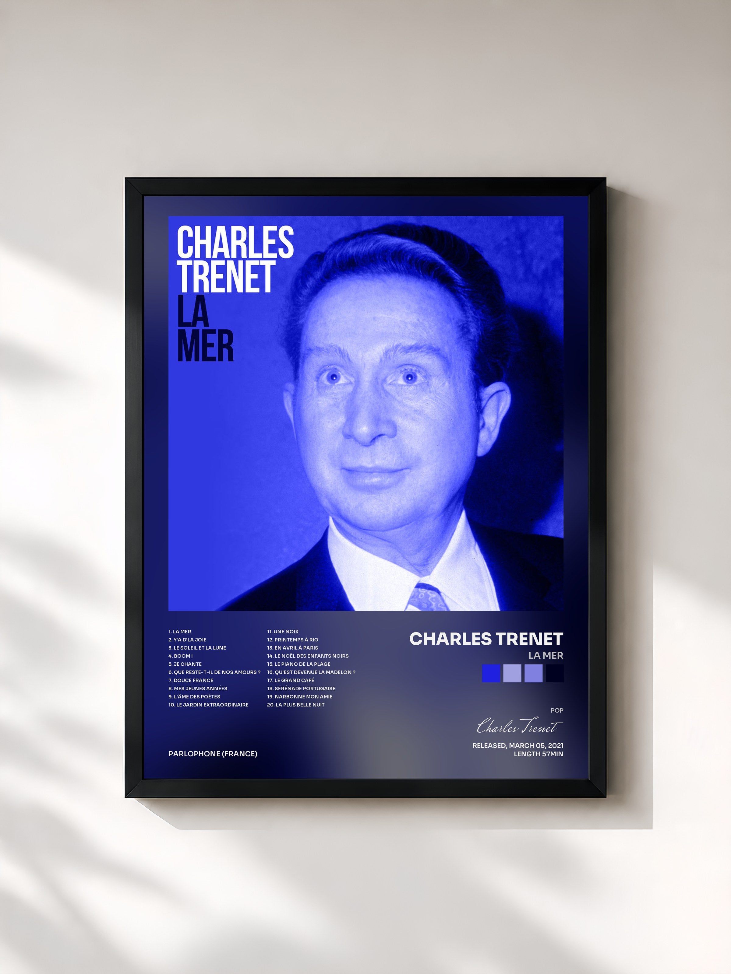 #noir Tableau de l'album La mer de Charles Trenet, cadre noir, imprimé et encadré en France