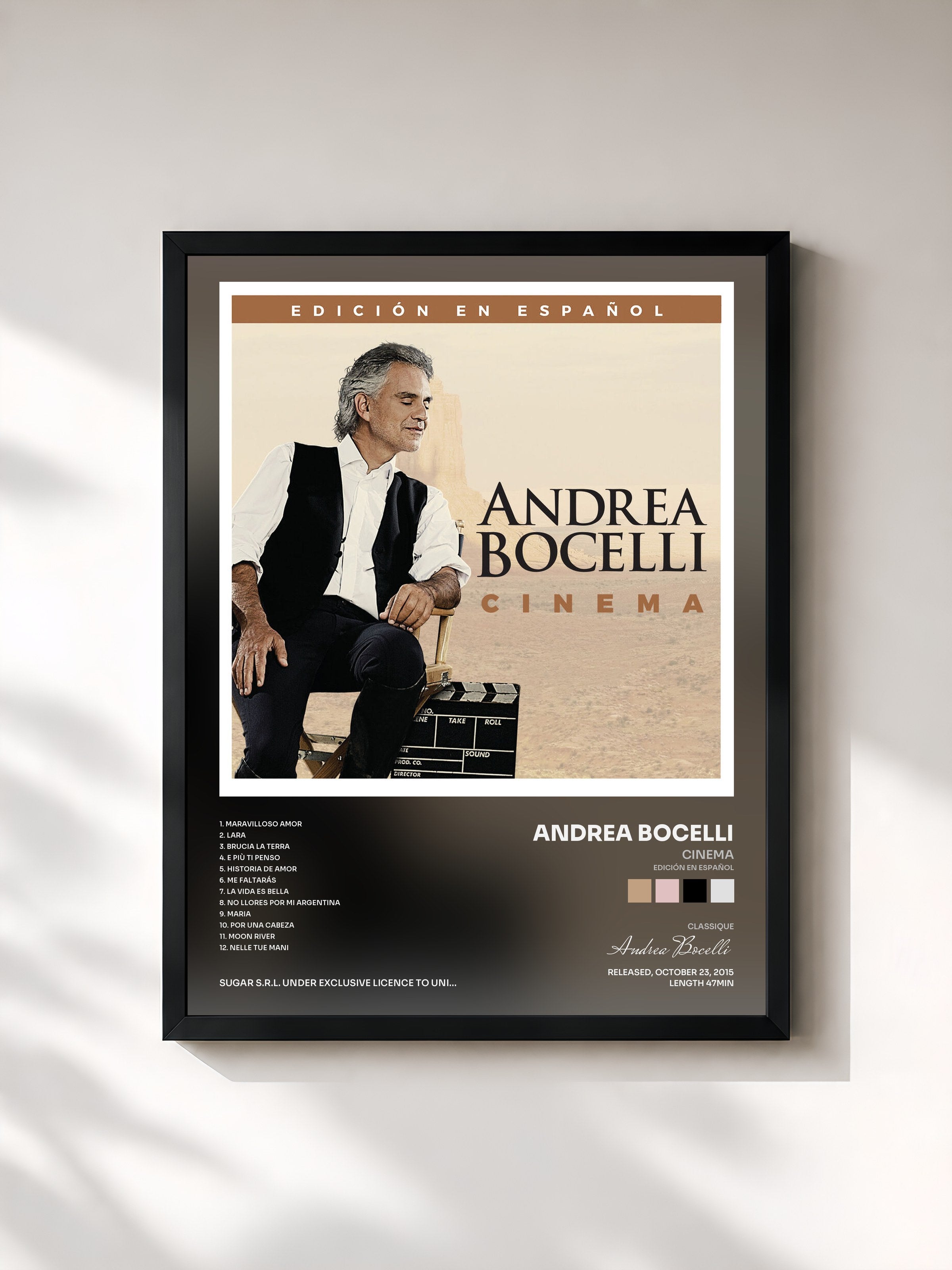 #noir Tableau de l'album Cinema (Edición en Español) de Andrea Bocelli, cadre noir, imprimé et encadré en France