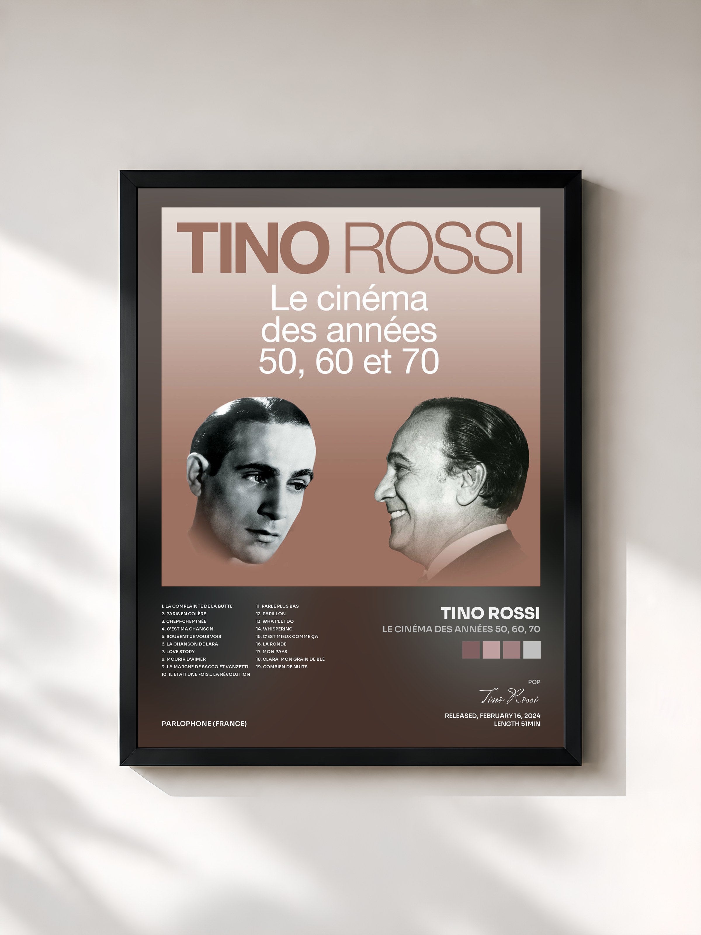 #noir Tableau de l'album Le cinéma des années 50, 60, 70 de Tino Rossi, cadre noir, imprimé et encadré en France
