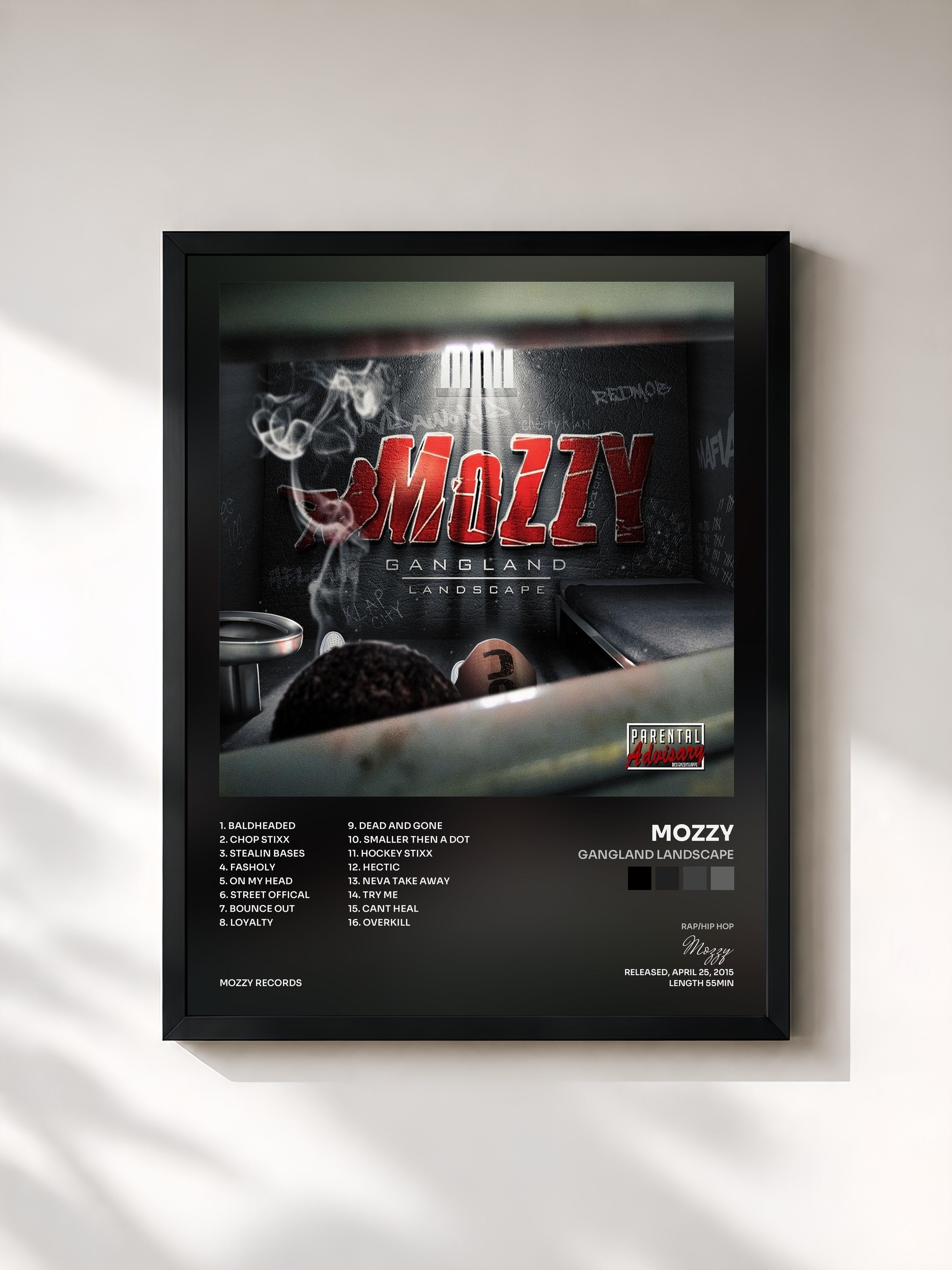 #noir Tableau de l'album Gangland Landscape de Mozzy, cadre noir, imprimé et encadré en France