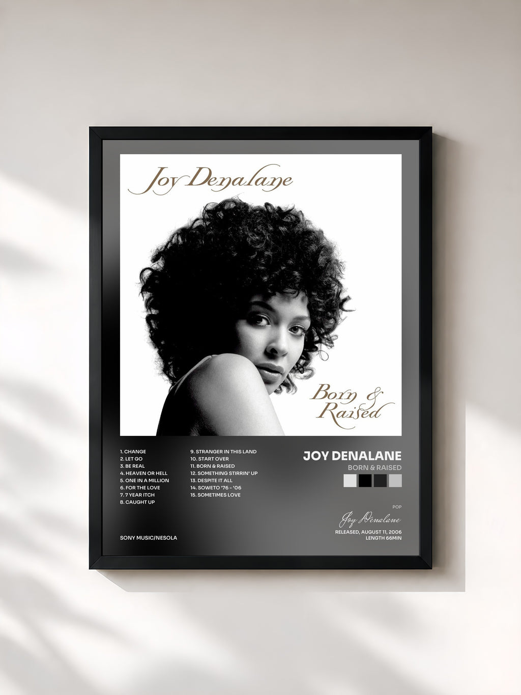 #noir Tableau de l'album Born & Raised de Joy Denalane, cadre noir, imprimé et encadré en France