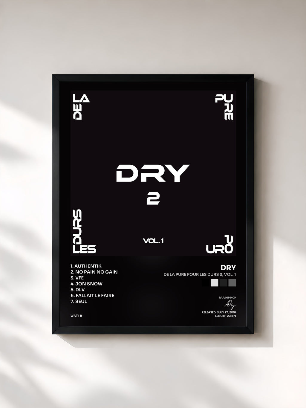 #noir Tableau de l'album De la pure pour les durs 2, Vol. 1 de Dry, cadre noir, imprimé et encadré en France