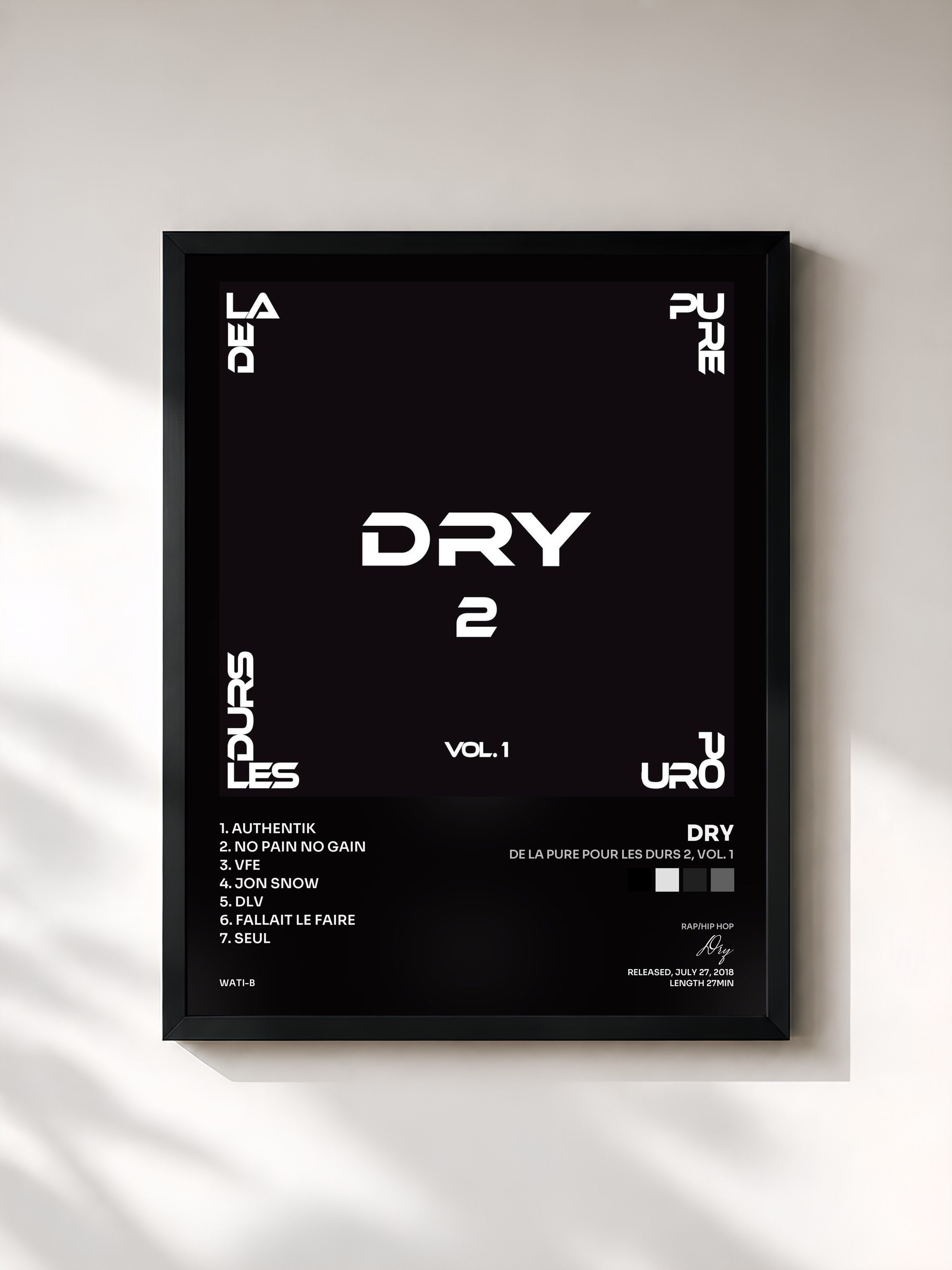 #noir Tableau de l'album De la pure pour les durs 2, Vol. 1 de Dry, cadre noir, imprimé et encadré en France