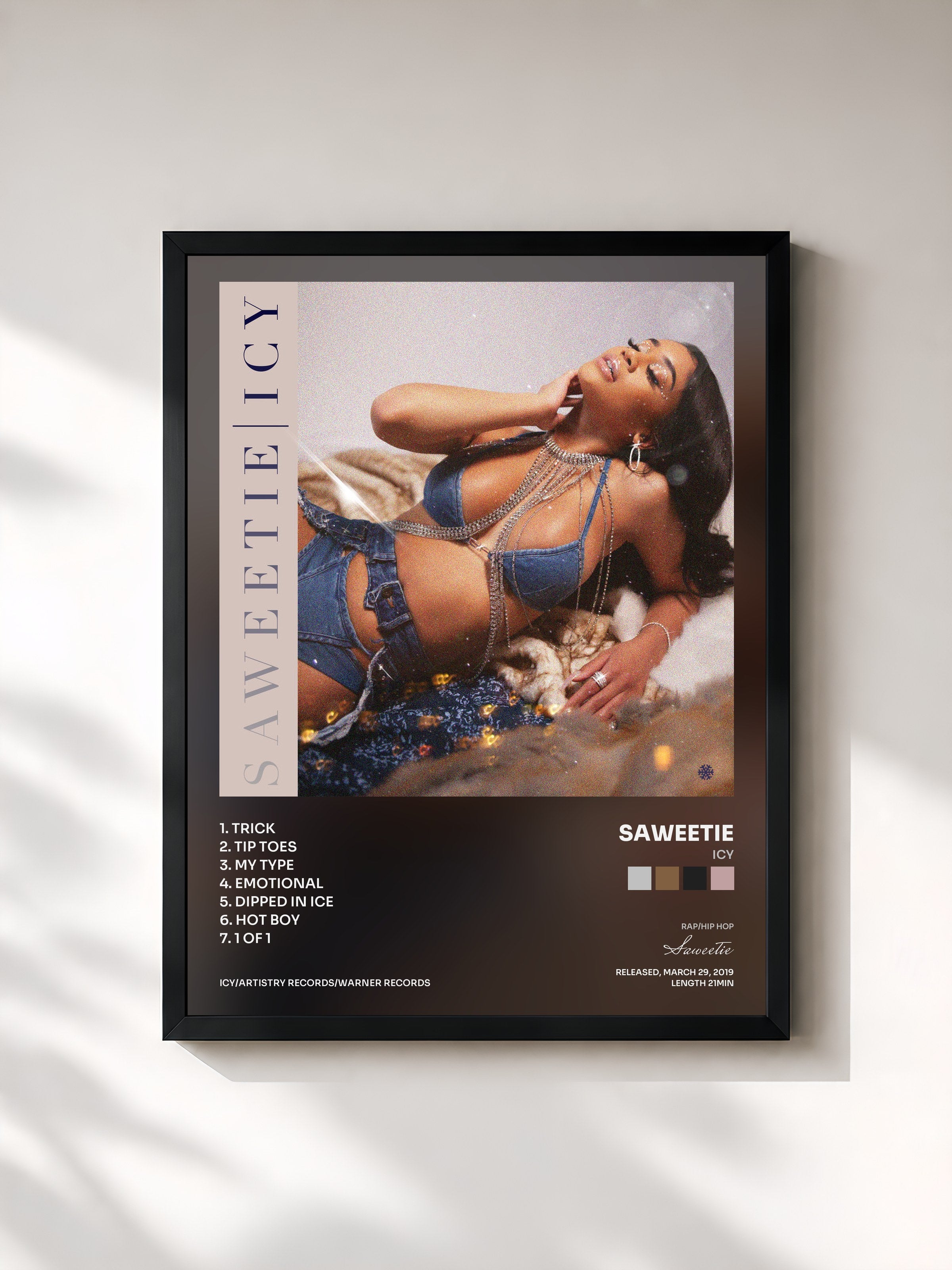 #noir Tableau de l'album ICY de Saweetie, cadre noir, imprimé et encadré en France
