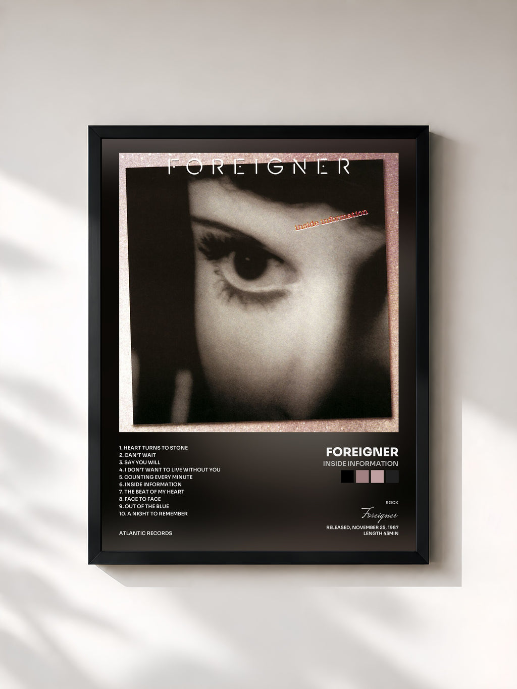 #noir Tableau de l'album Inside Information de Foreigner, cadre noir, imprimé et encadré en France