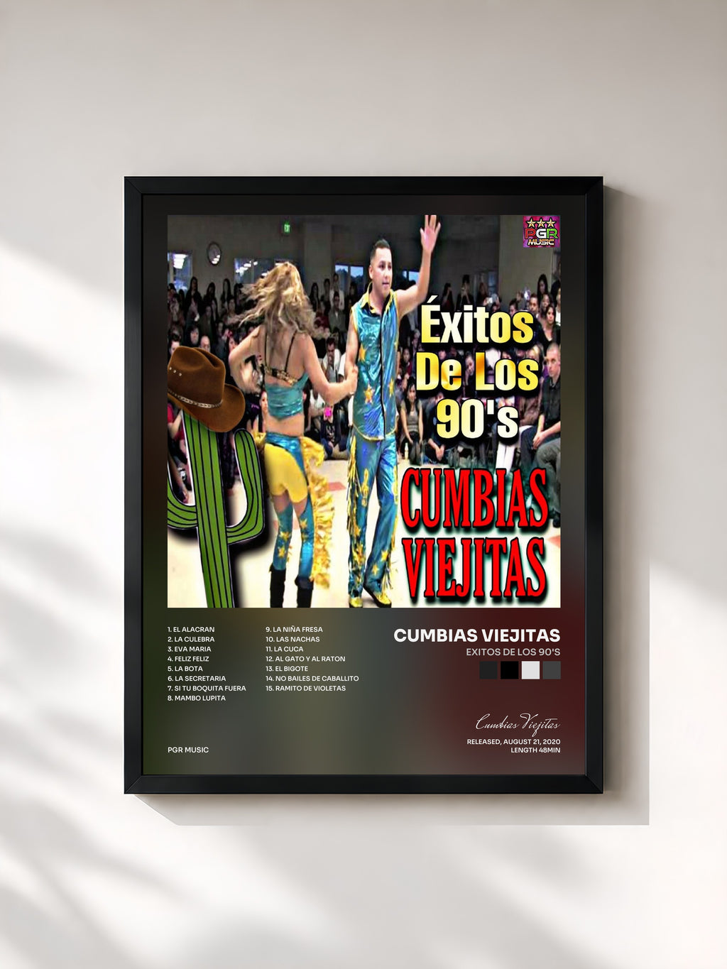 #noir Tableau de l'album Exitos De Los 90's de Cumbias Viejitas, cadre noir, imprimé et encadré en France