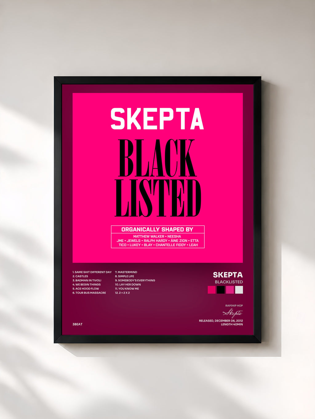 #noir Tableau de l'album Blacklisted de Skepta, cadre noir, imprimé et encadré en France