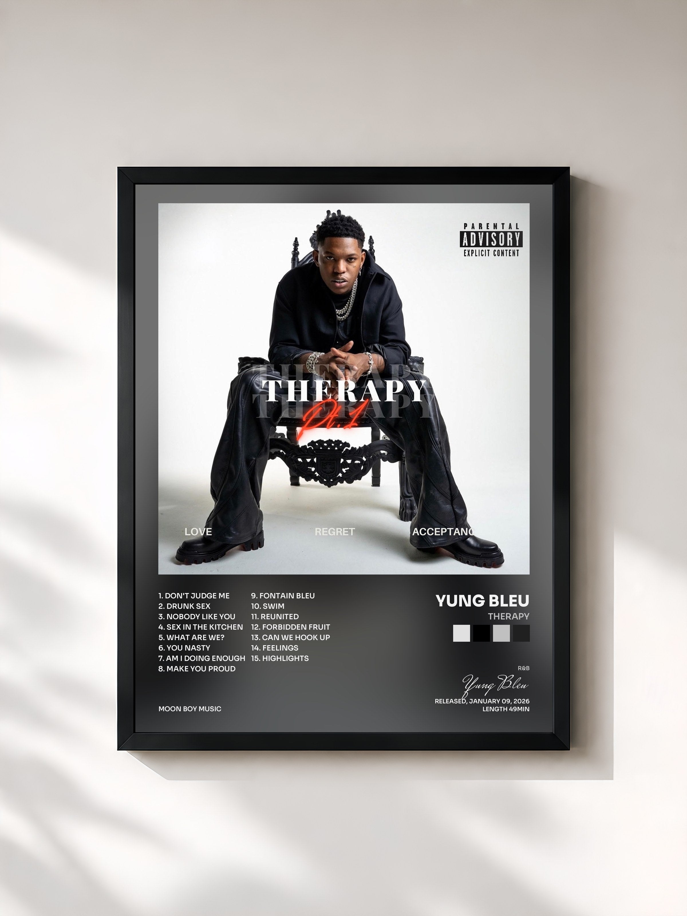 #noir Tableau de l'album THERAPY de Yung Bleu, cadre noir, imprimé et encadré en France
