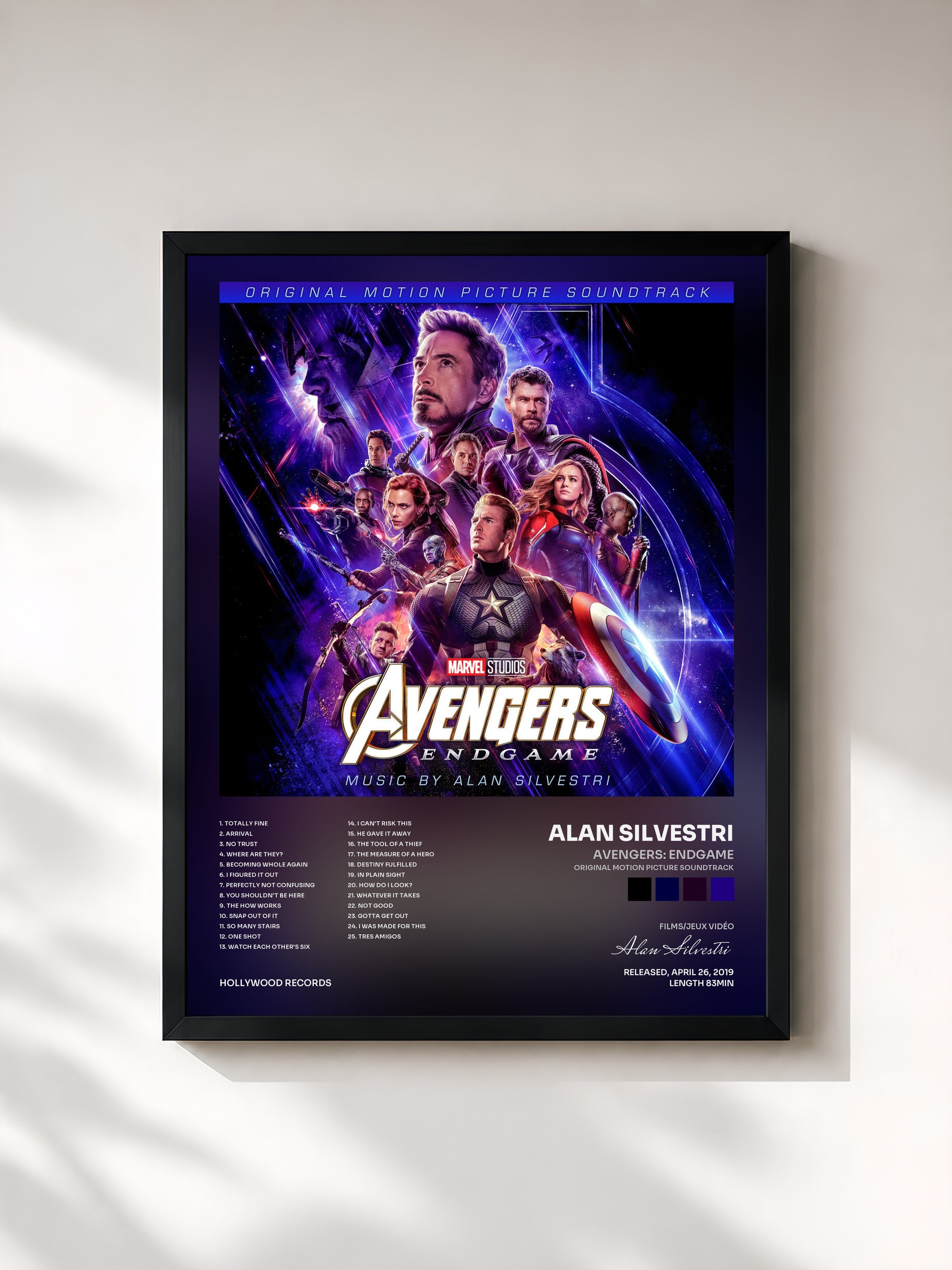 #noir Tableau de l'album Avengers: Endgame (Original Motion Picture Soundtrack) de Alan Silvestri, cadre noir, imprimé et encadré en France