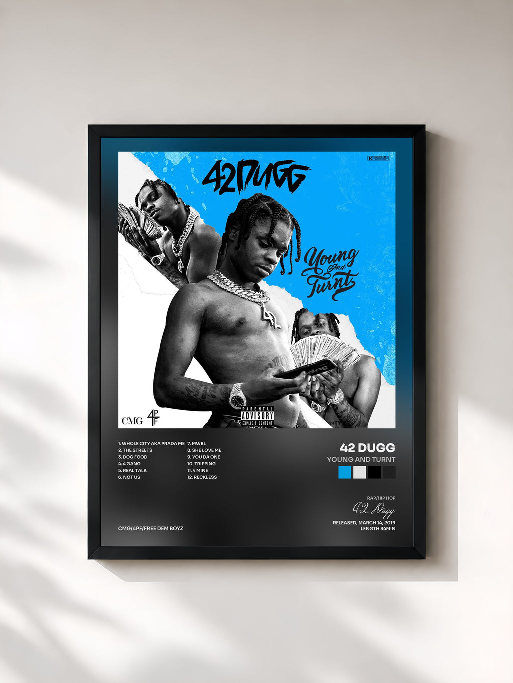 #noir Tableau de l'album Young and Turnt de 42 Dugg, cadre noir, imprimé et encadré en France