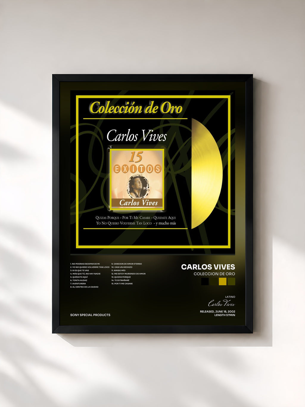 #noir Tableau de l'album Coleccion de Oro de Carlos Vives, cadre noir, imprimé et encadré en France