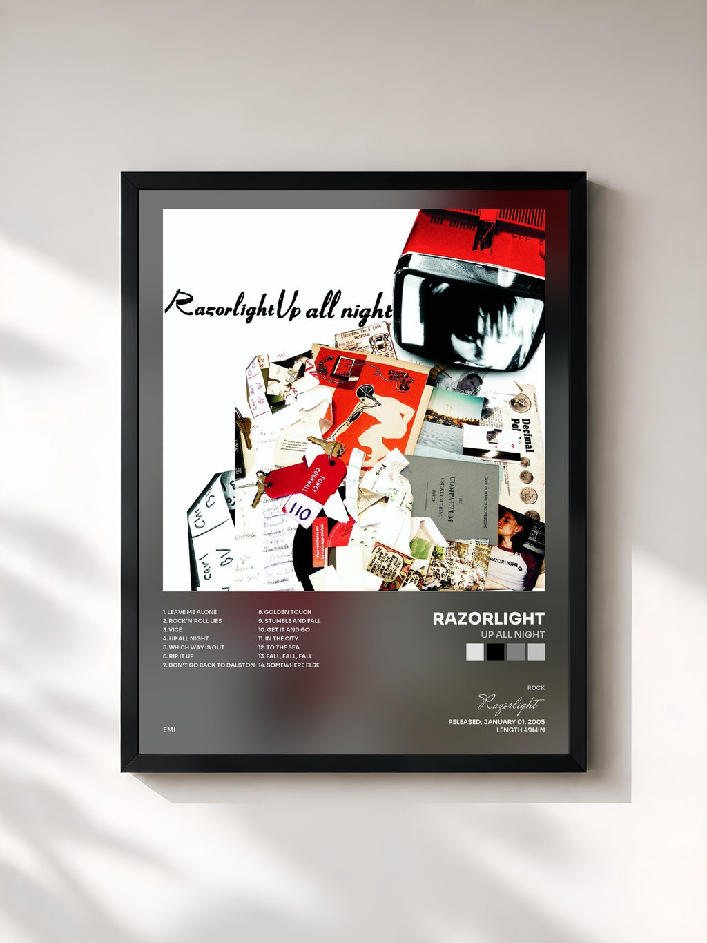 #noir Tableau de l'album Up All Night de Razorlight, cadre noir, imprimé et encadré en France