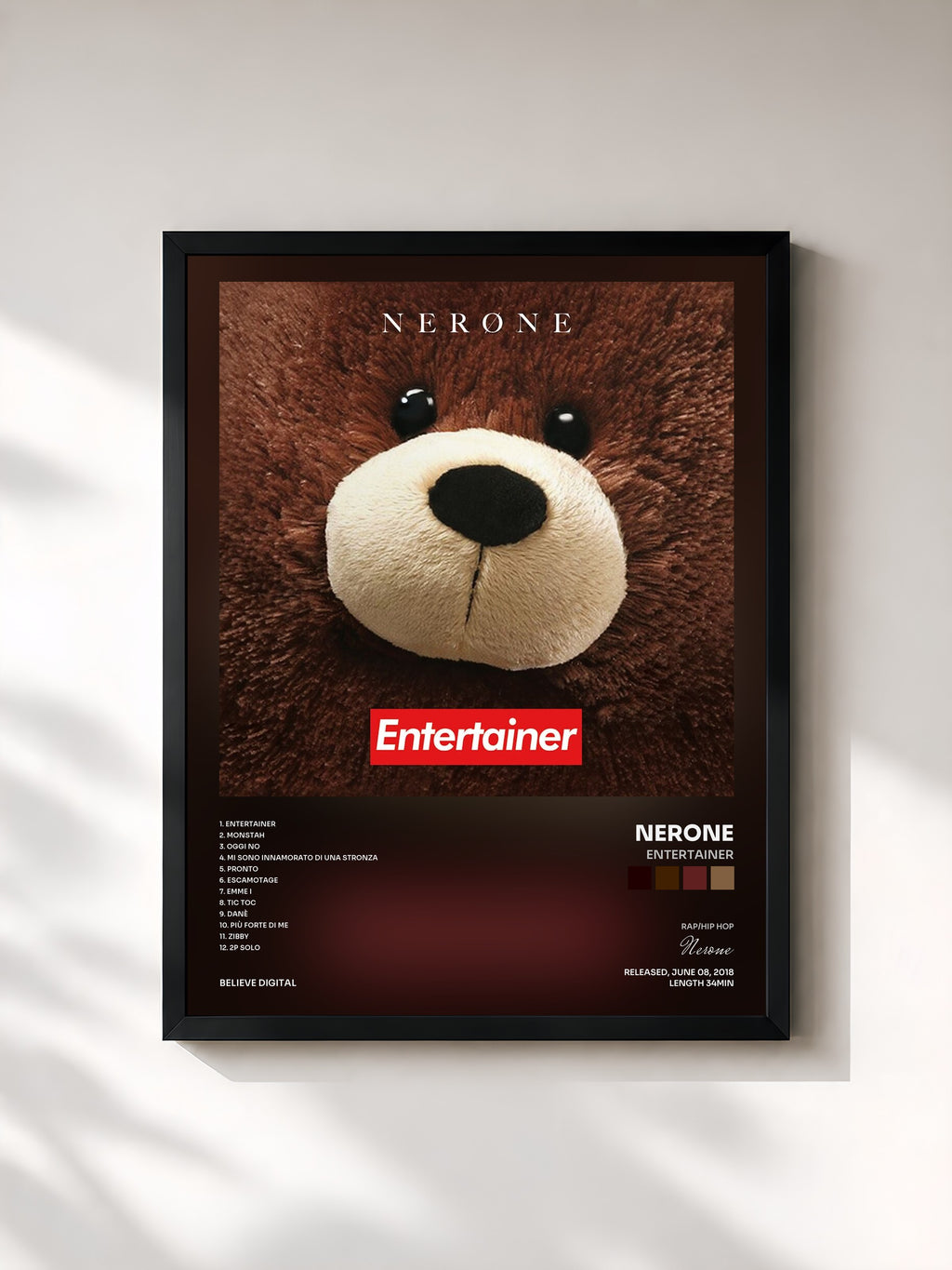 #noir Tableau de l'album Entertainer de Nerone, cadre noir, imprimé et encadré en France