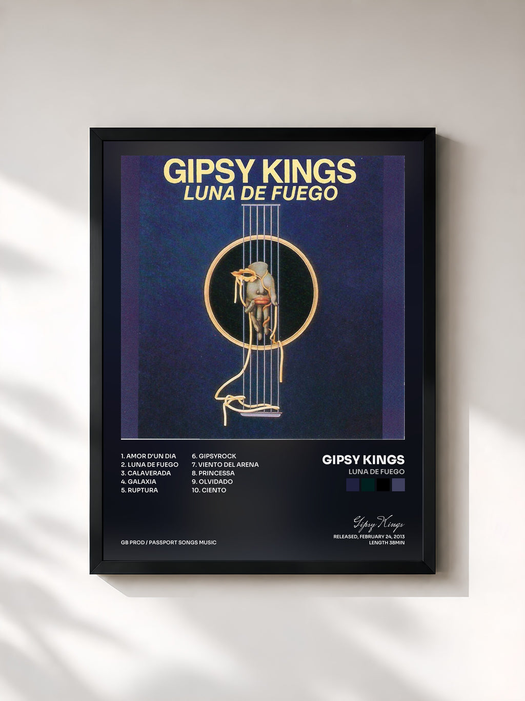 #noir Tableau de l'album Luna de Fuego de Gipsy Kings, cadre noir, imprimé et encadré en France