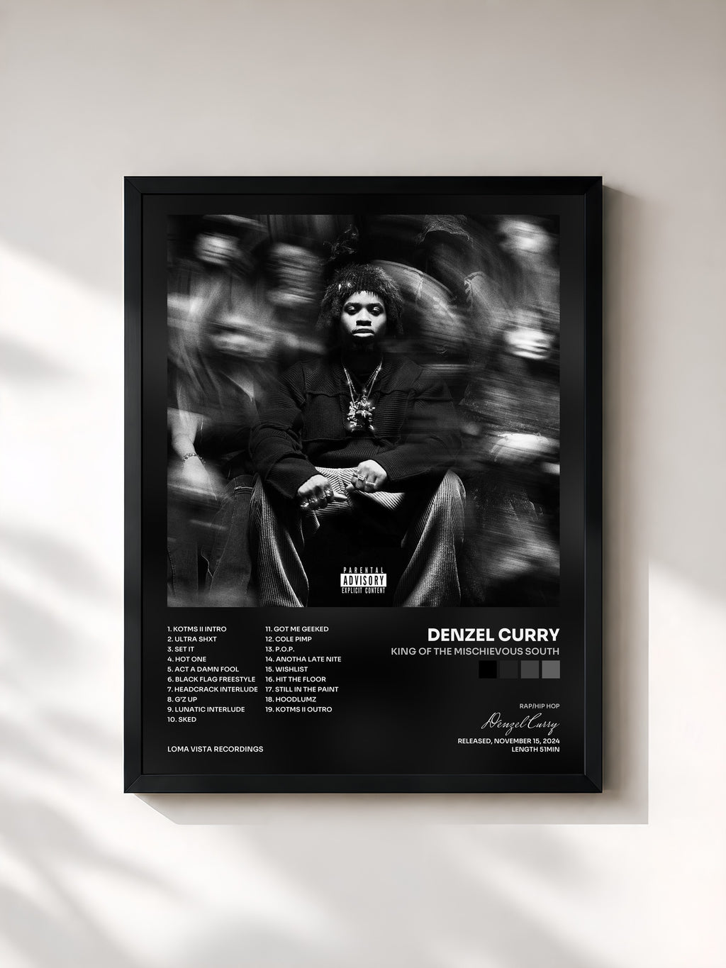 #noir Tableau de l'album KING OF THE MISCHIEVOUS SOUTH de Denzel Curry, cadre noir, imprimé et encadré en France