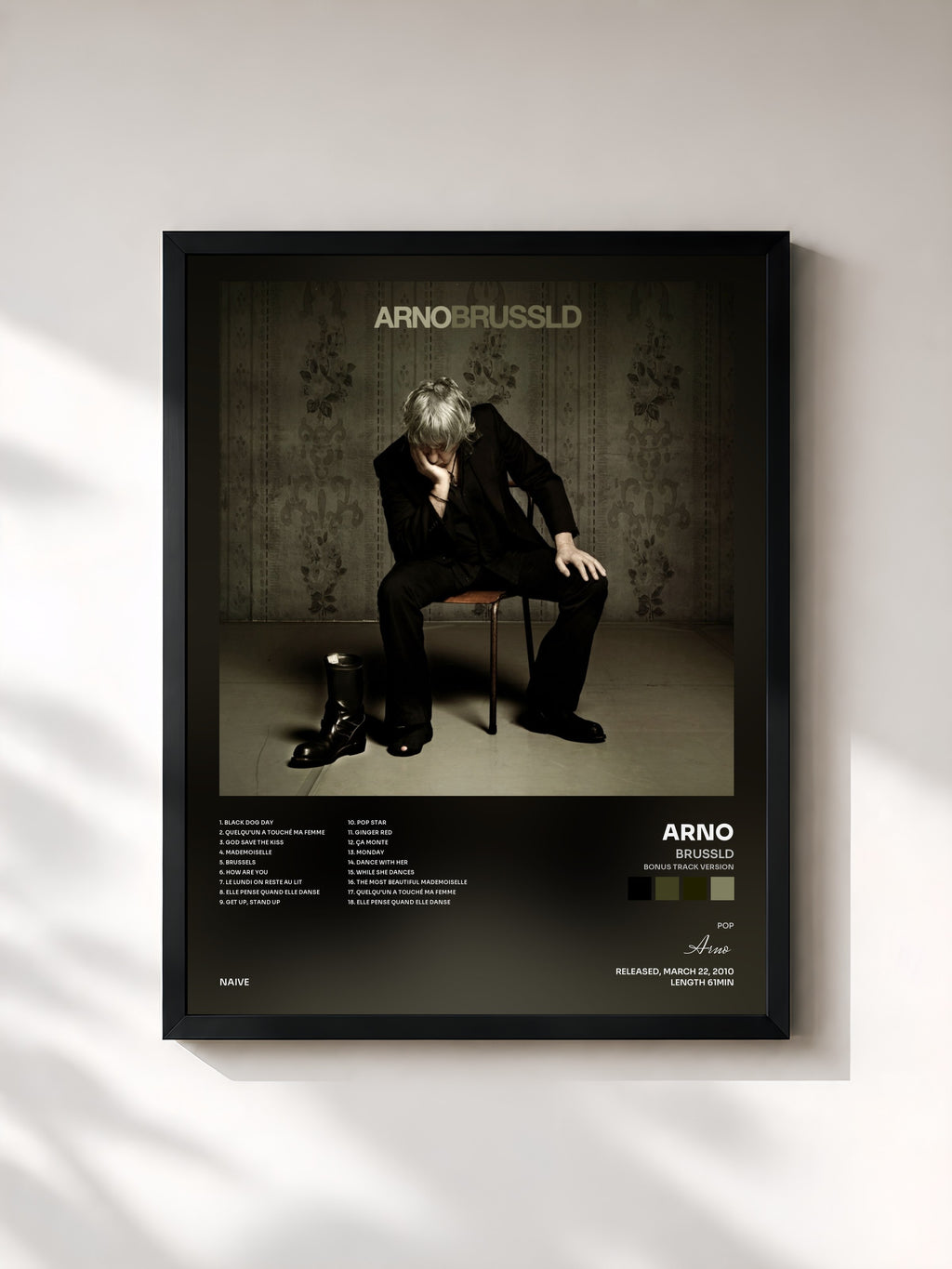 #noir Tableau de l'album Brussld (Bonus Track Version) de Arno, cadre noir, imprimé et encadré en France