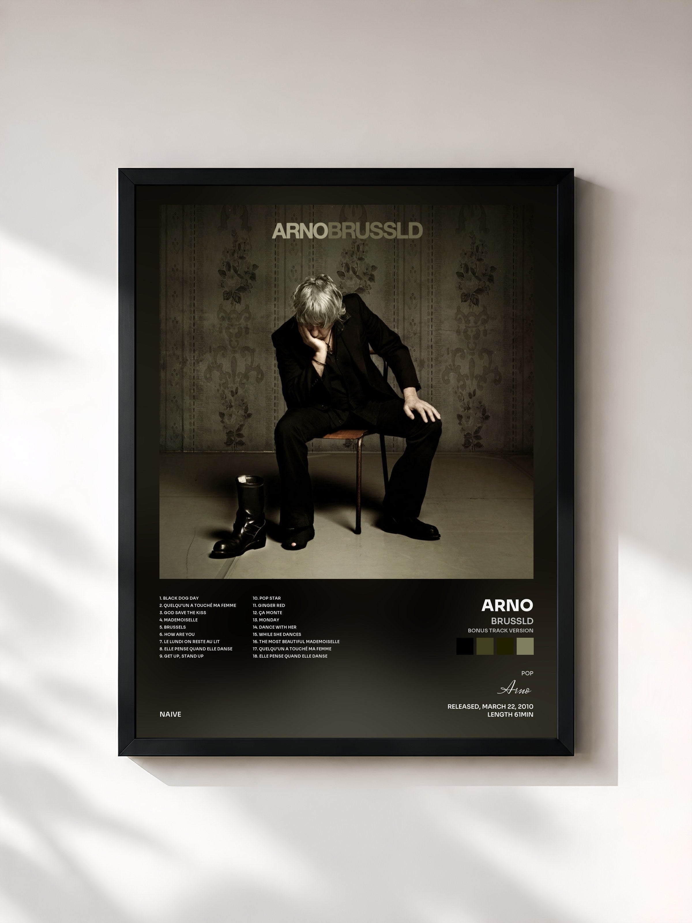 #noir Tableau de l'album Brussld (Bonus Track Version) de Arno, cadre noir, imprimé et encadré en France