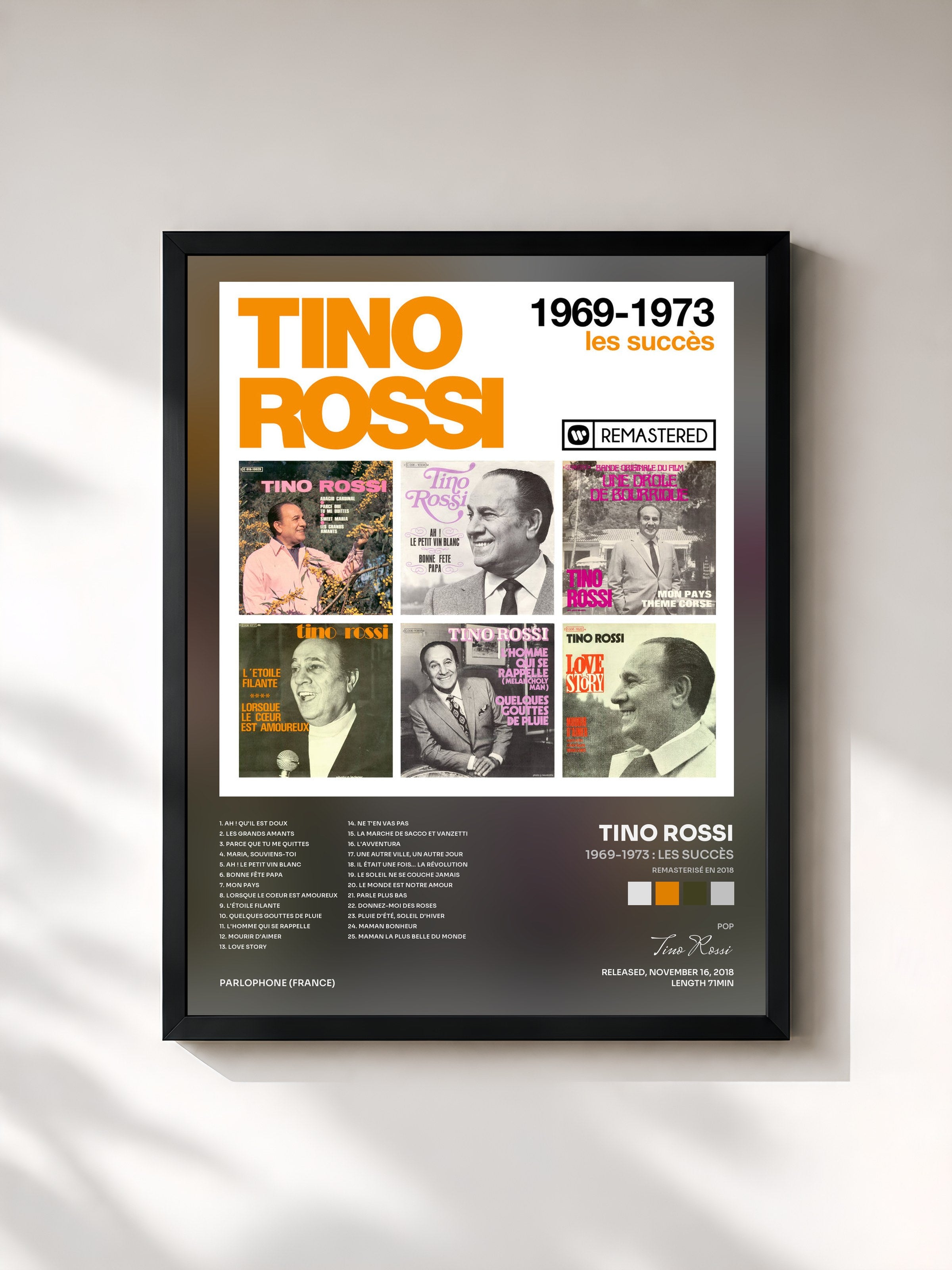 #noir Tableau de l'album 1969-1973 : Les succès (Remasterisé en 2018) de Tino Rossi, cadre noir, imprimé et encadré en France