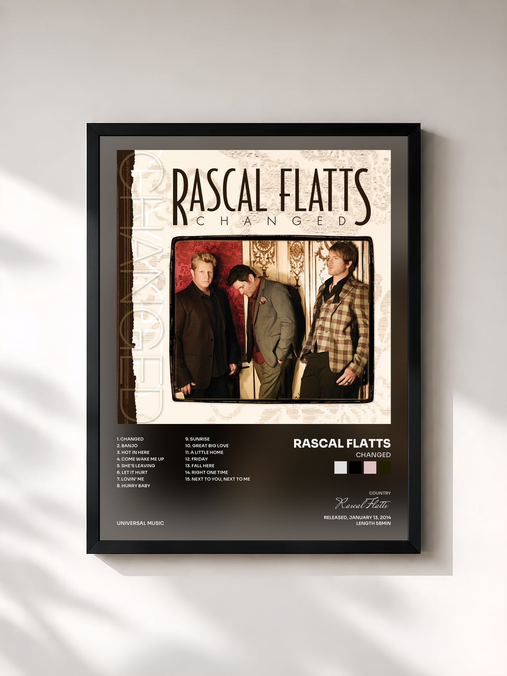 #noir Tableau de l'album Changed de Rascal Flatts, cadre noir, imprimé et encadré en France