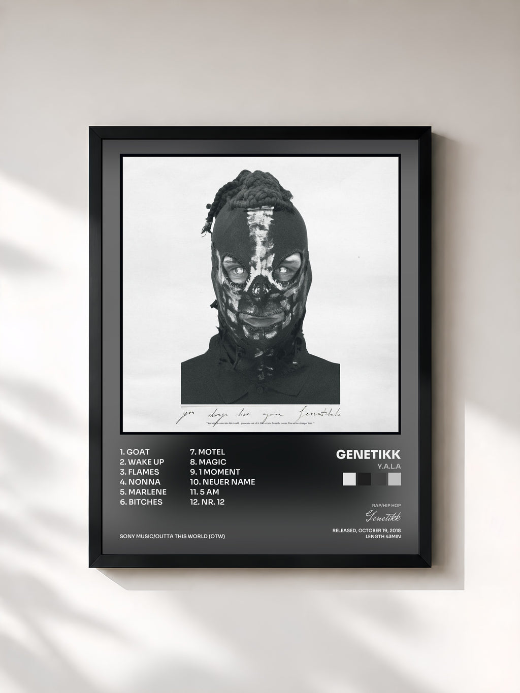 #noir Tableau de l'album Y.A.L.A de Genetikk, cadre noir, imprimé et encadré en France