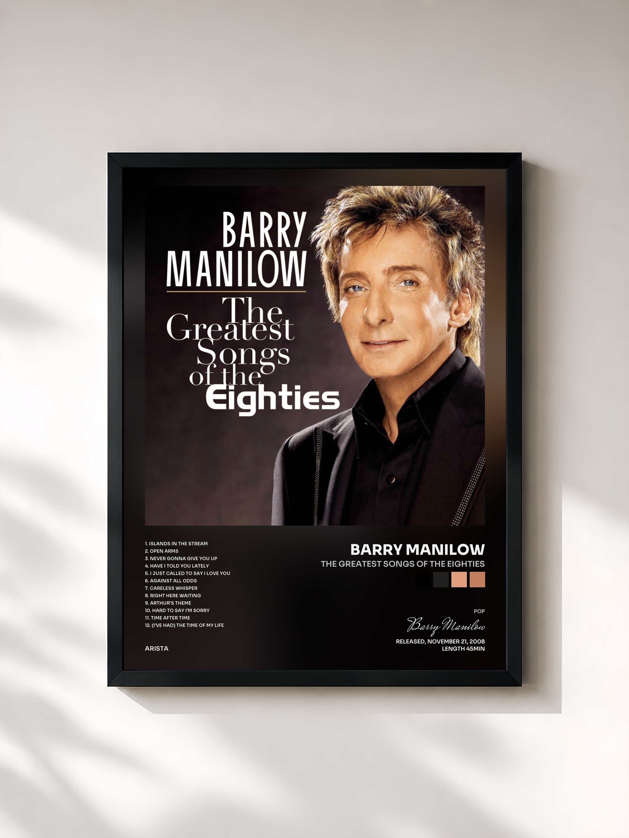 #noir Tableau de l'album The Greatest Songs Of The Eighties de Barry Manilow, cadre noir, imprimé et encadré en France