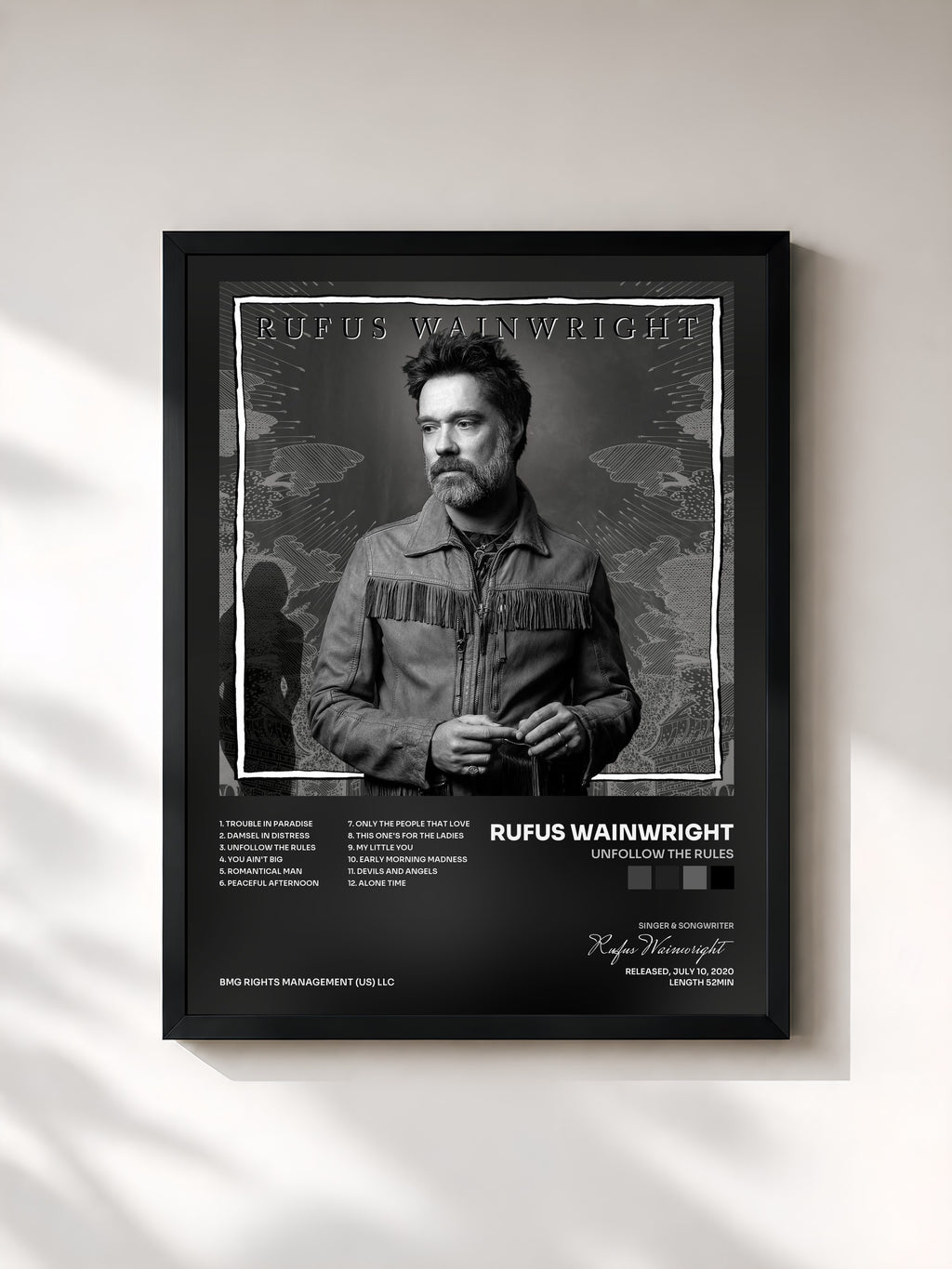 #noir Tableau de l'album Unfollow the Rules de Rufus Wainwright, cadre noir, imprimé et encadré en France