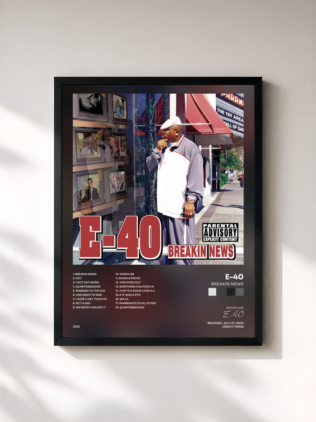 #noir Tableau de l'album Breakin News de E-40, cadre noir, imprimé et encadré en France