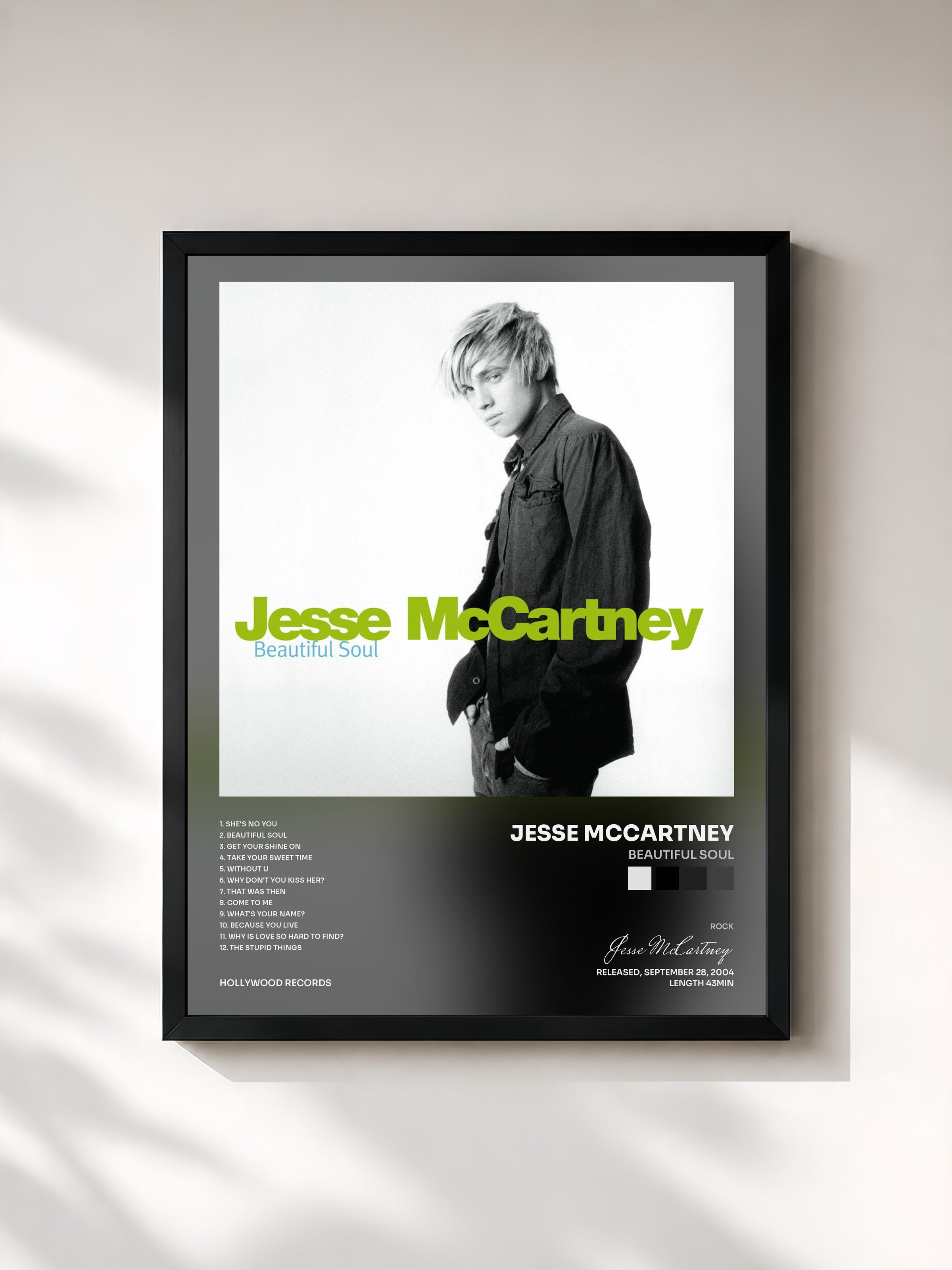 #noir Tableau de l'album Beautiful Soul de Jesse McCartney, cadre noir, imprimé et encadré en France