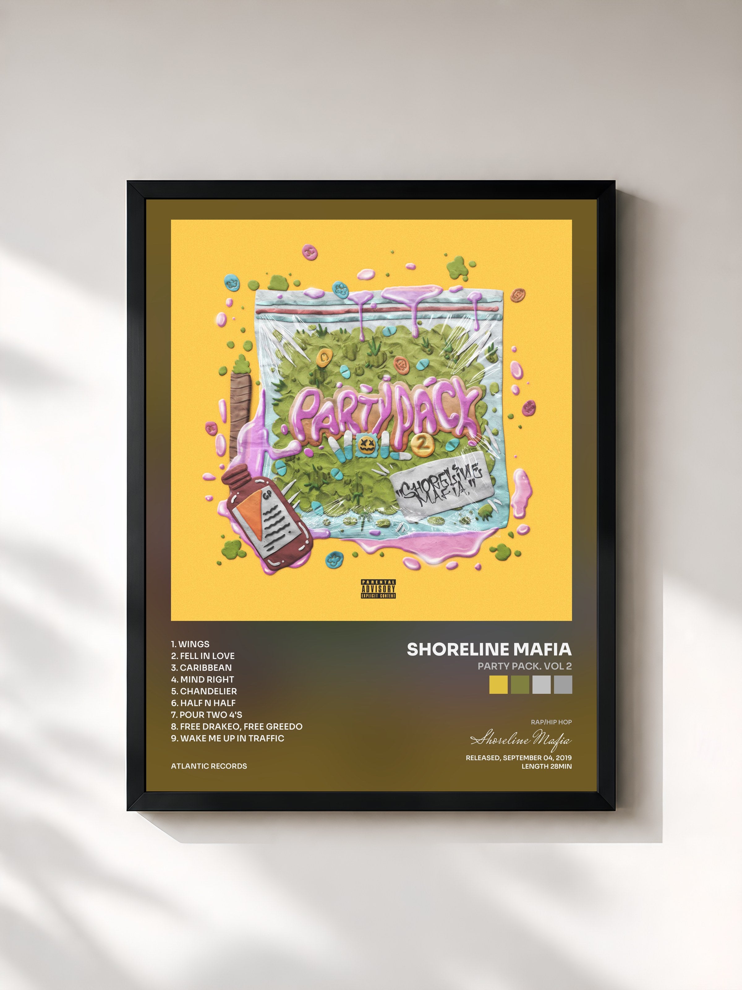 #noir Tableau de l'album Party Pack. Vol 2 de Shoreline Mafia, cadre noir, imprimé et encadré en France