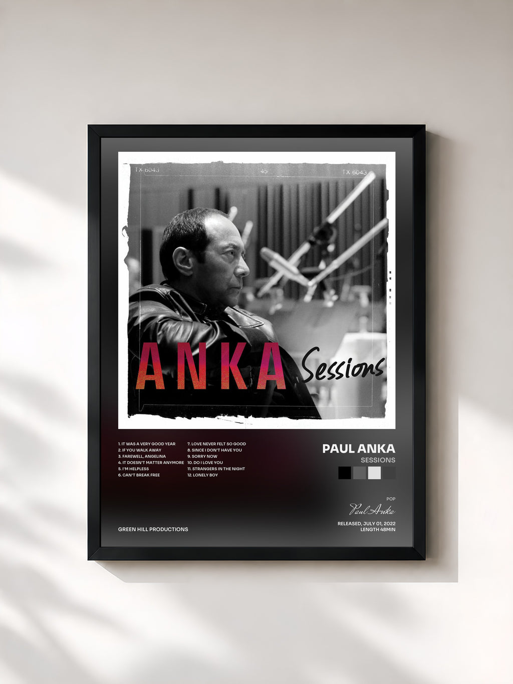#noir Tableau de l'album Sessions de Paul Anka, cadre noir, imprimé et encadré en France