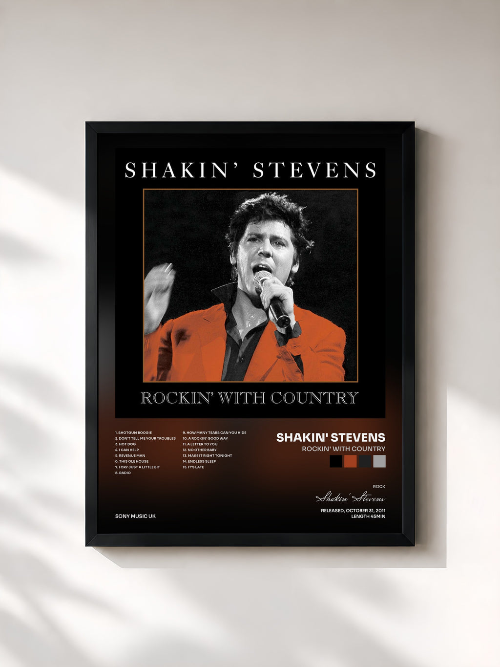 #noir Tableau de l'album Rockin' With Country de Shakin' Stevens, cadre noir, imprimé et encadré en France