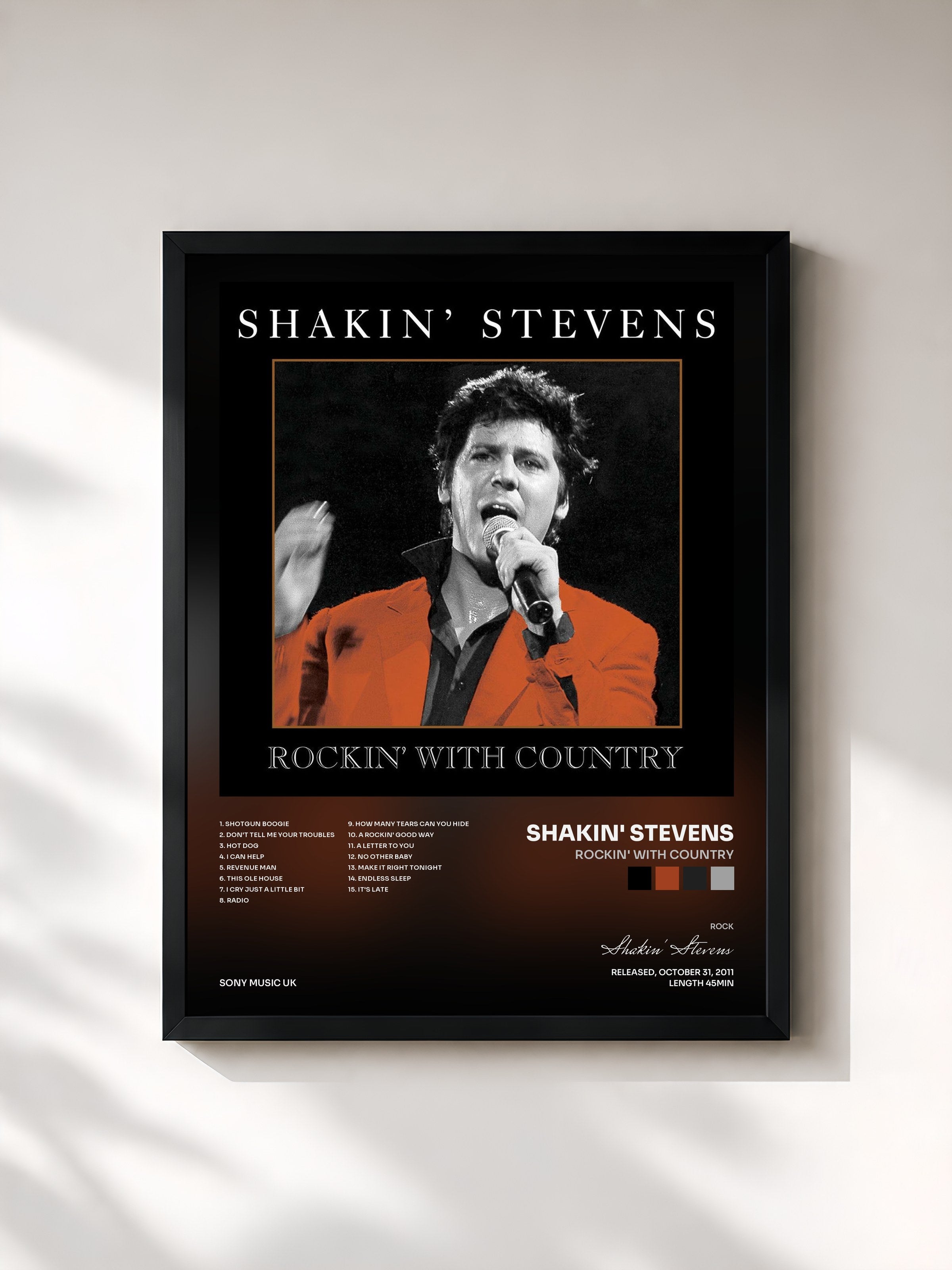 #noir Tableau de l'album Rockin' With Country de Shakin' Stevens, cadre noir, imprimé et encadré en France