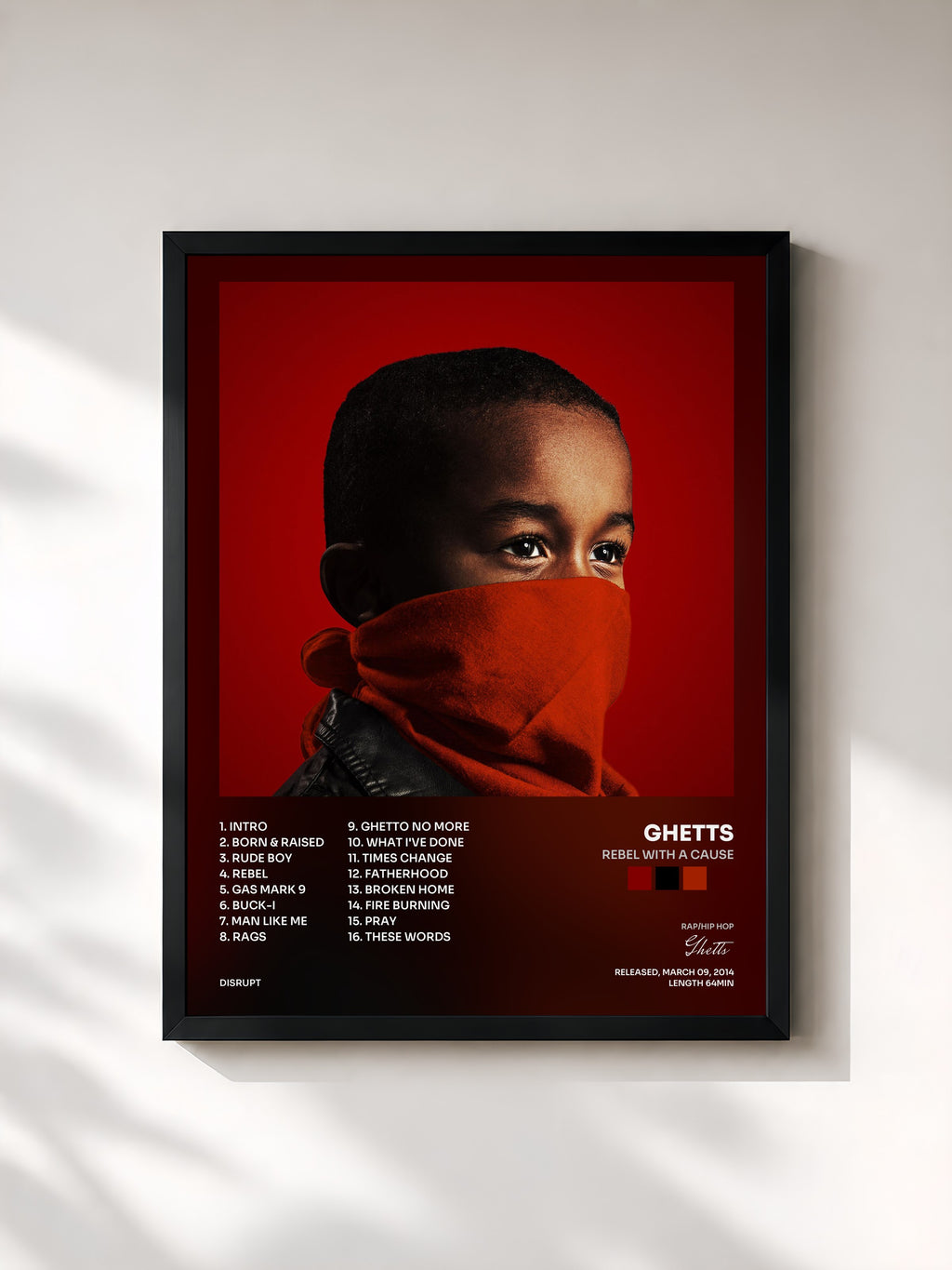 #noir Tableau de l'album Rebel with a Cause de Ghetts, cadre noir, imprimé et encadré en France