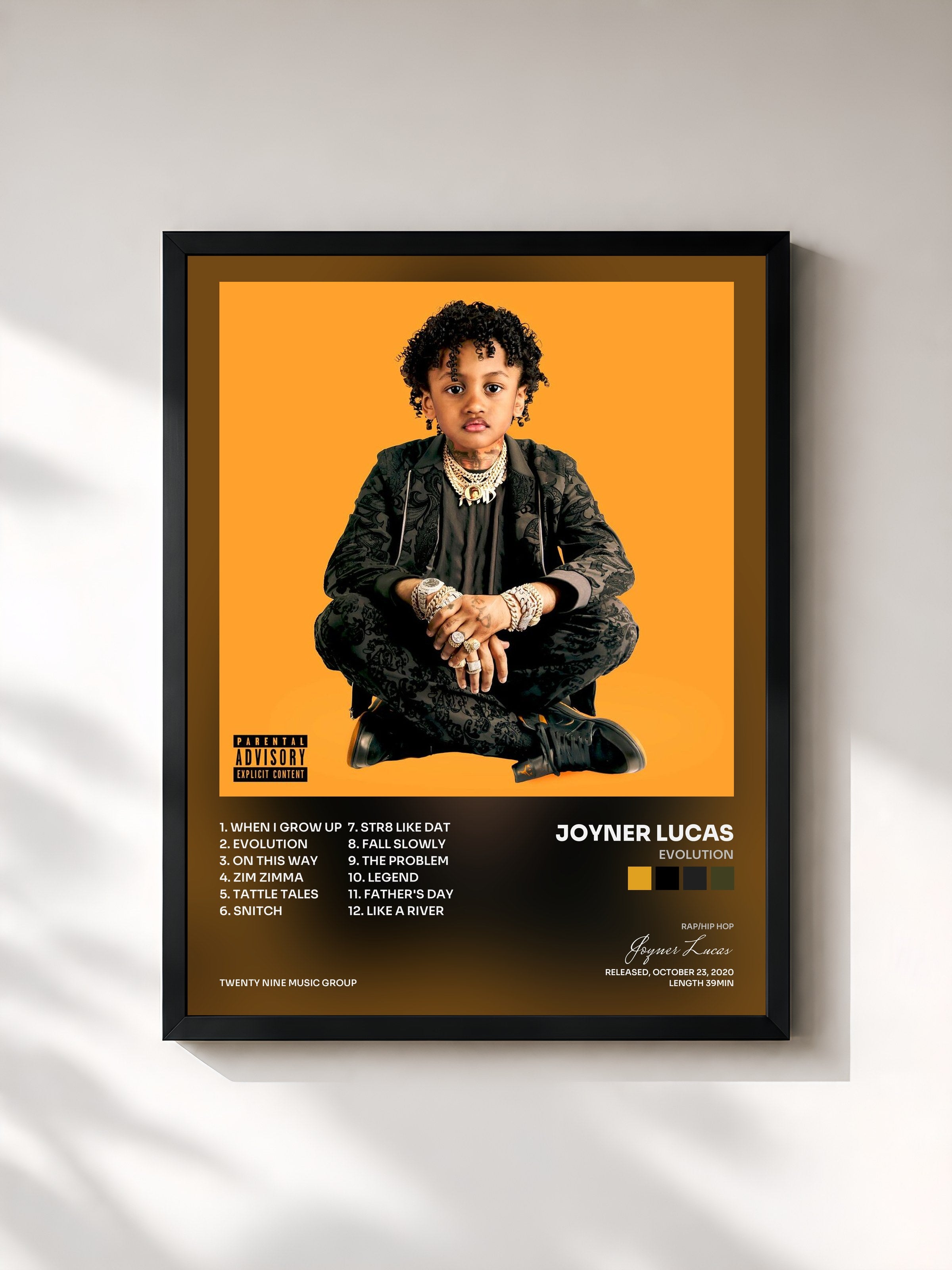#noir Tableau de l'album Evolution de Joyner Lucas, cadre noir, imprimé et encadré en France