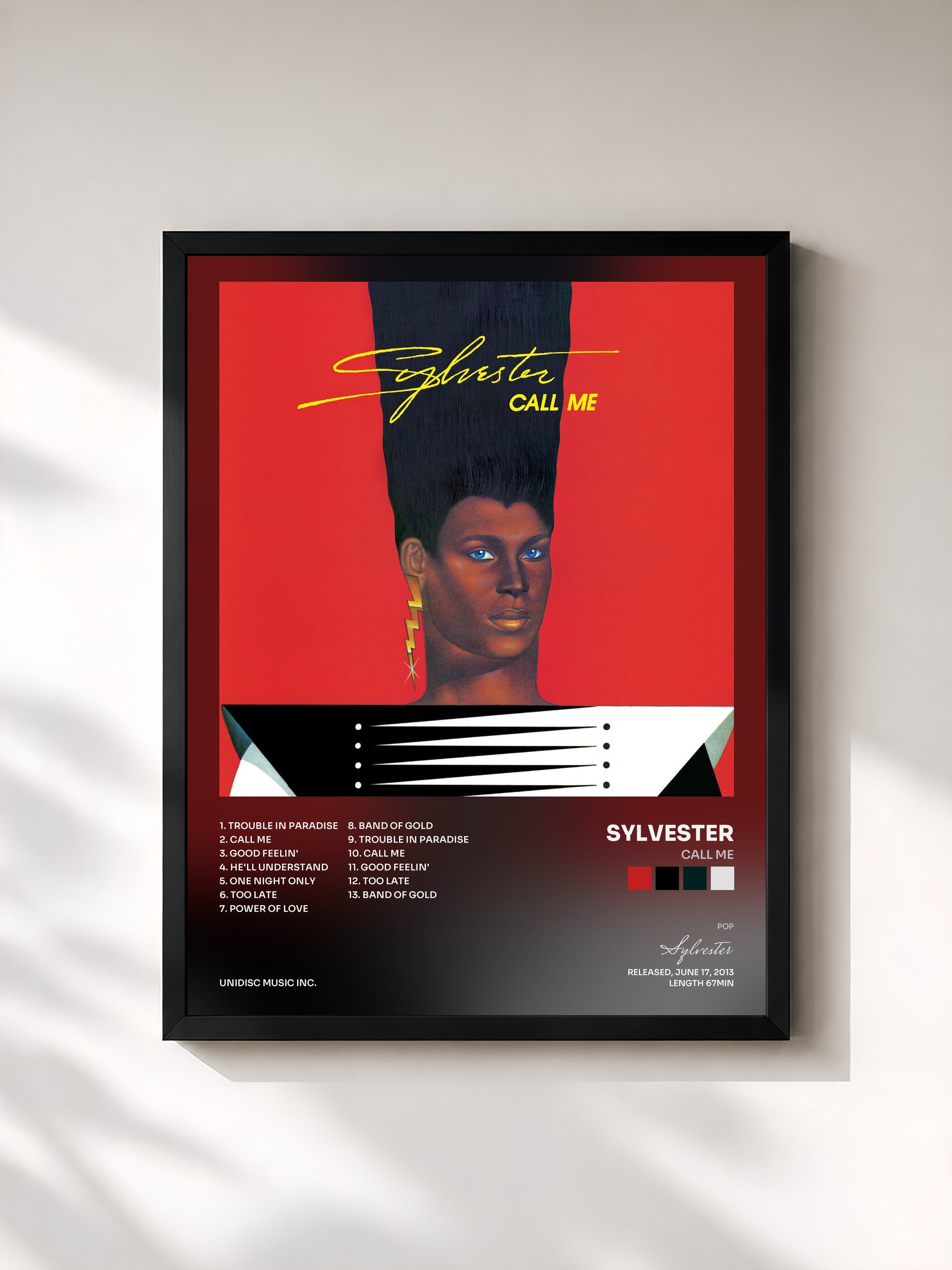 #noir Tableau de l'album Call Me de Sylvester, cadre noir, imprimé et encadré en France